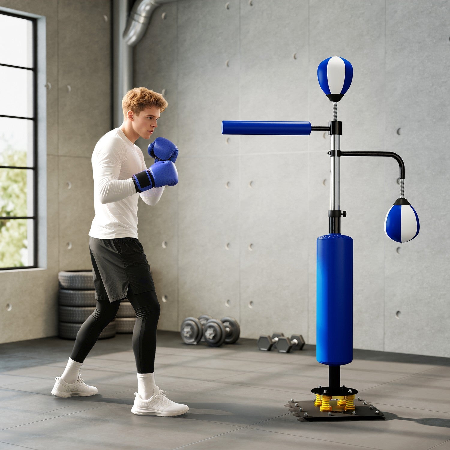 Justerbart boxningsställ med speedballs och sparkplatta