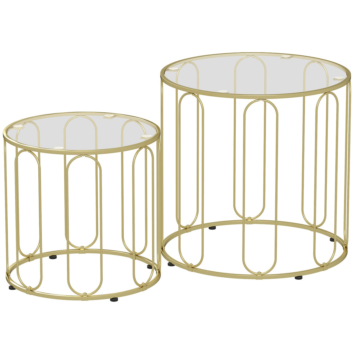 Ronde bijzettafels in elkaar passend, metalen frame, glazen blad