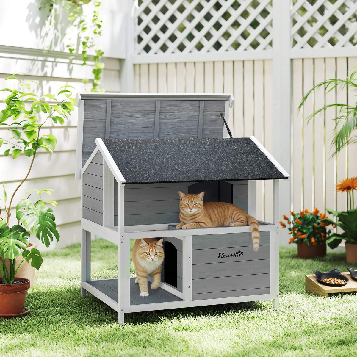 Kattenhuis voor buiten, waterdicht dennenhout, 2 verdiepingen, 80x93x95 cm