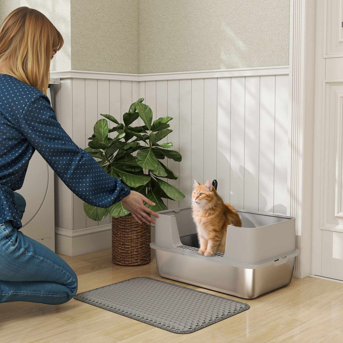 Kattenbak van roestvrij staal met schep, hoge randen, grijs
