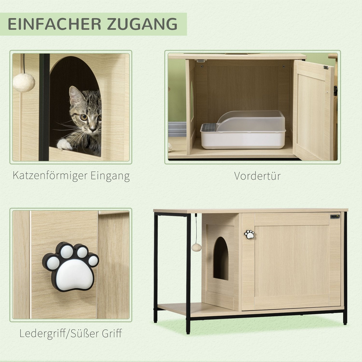Kattenkast, kattenbak, eiken, magnetische deur, speelbal, 86x48x52 cm