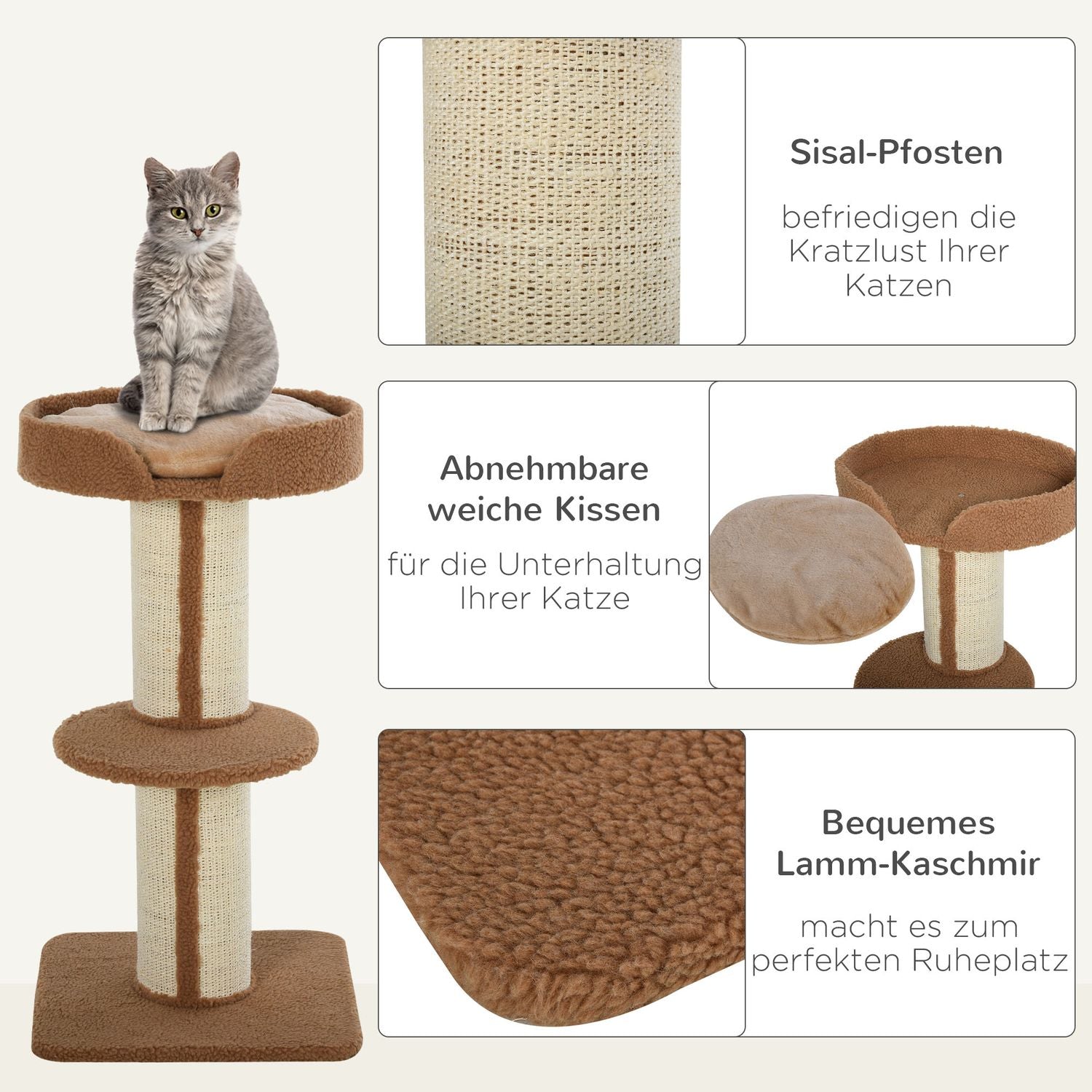 Kattskrapträd med avtagbara kuddar, sisal, 45x45x91cm