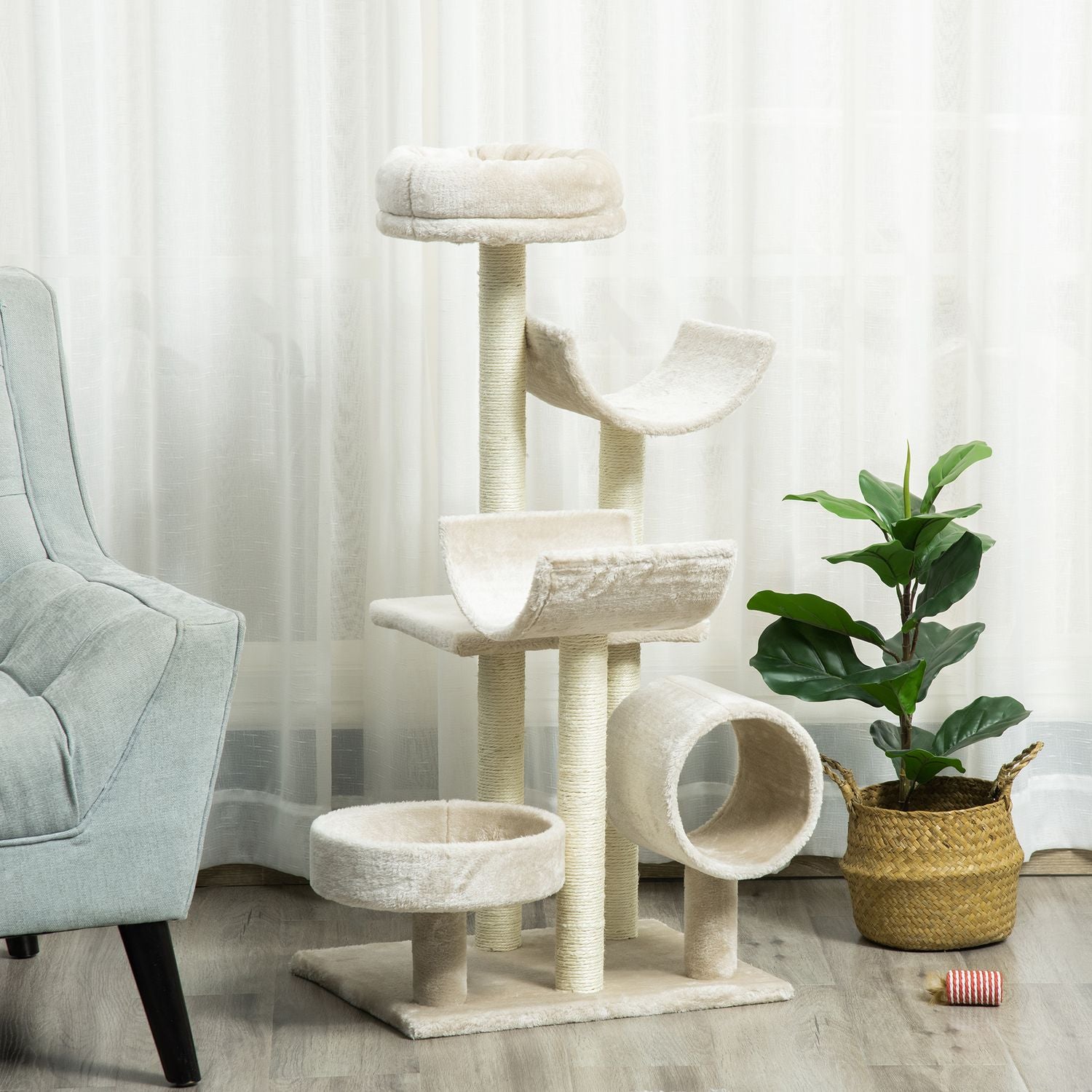 Krabpaal met tunnel, Beige, 105 cm Hoogte