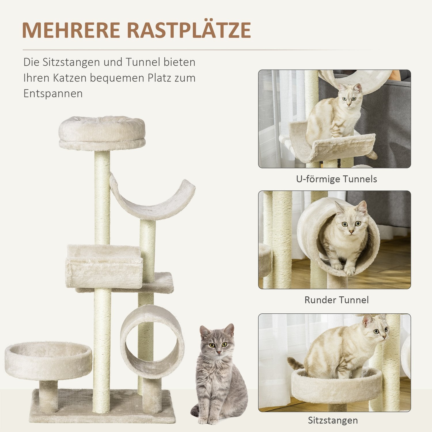 Krabpaal met tunnel, Beige, 105 cm Hoogte