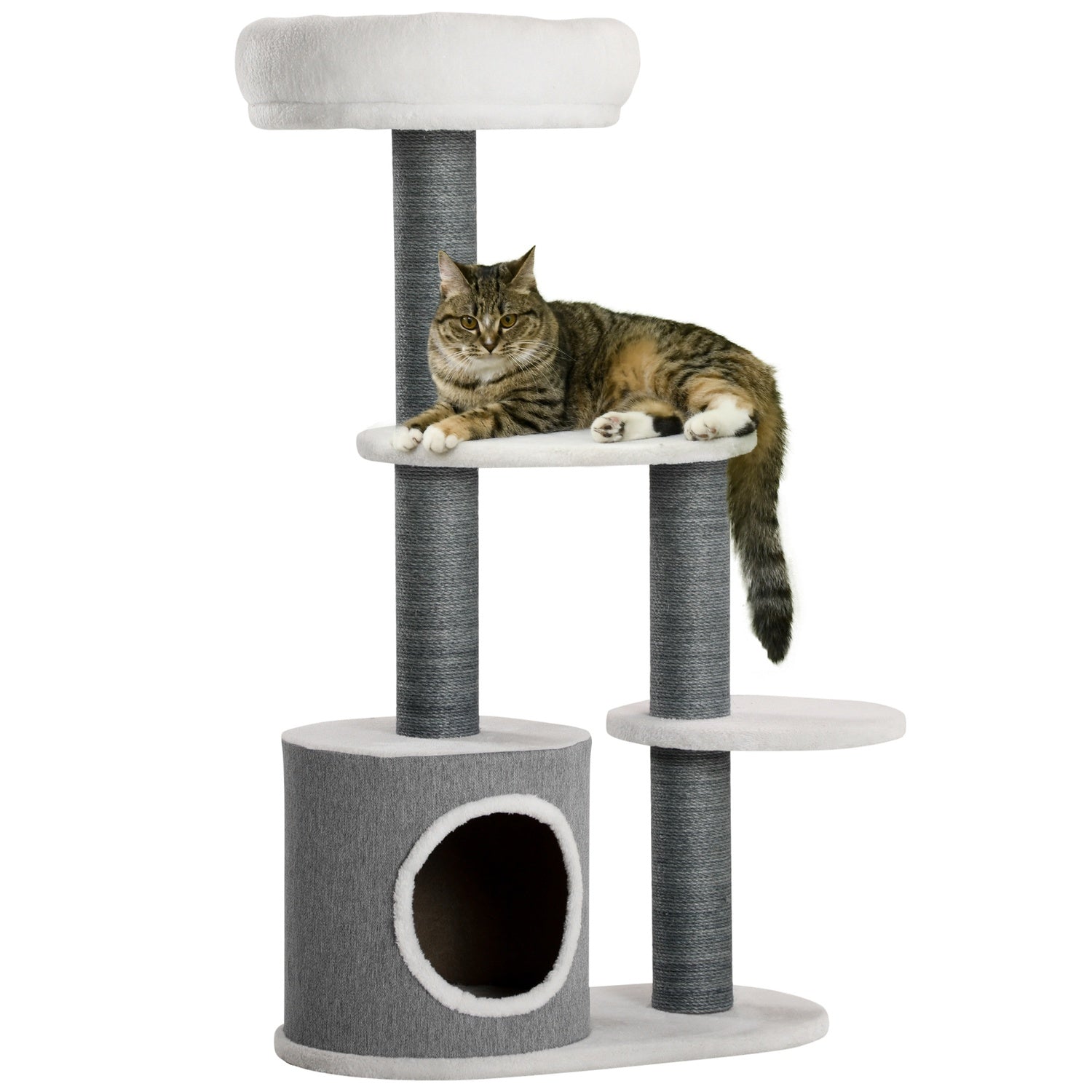 Kattenkrabpaal met grot & krabstam, 98cm, grijs/wit