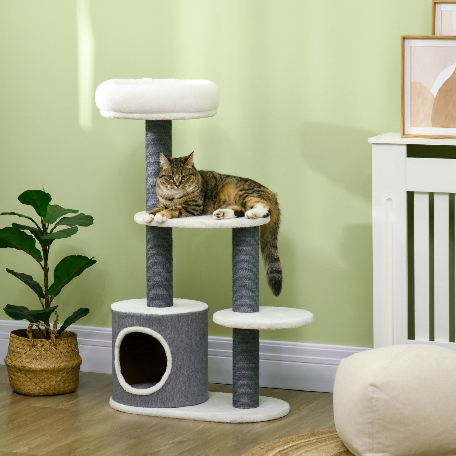 Kattenkrabpaal met grot & krabstam, 98cm, grijs/wit