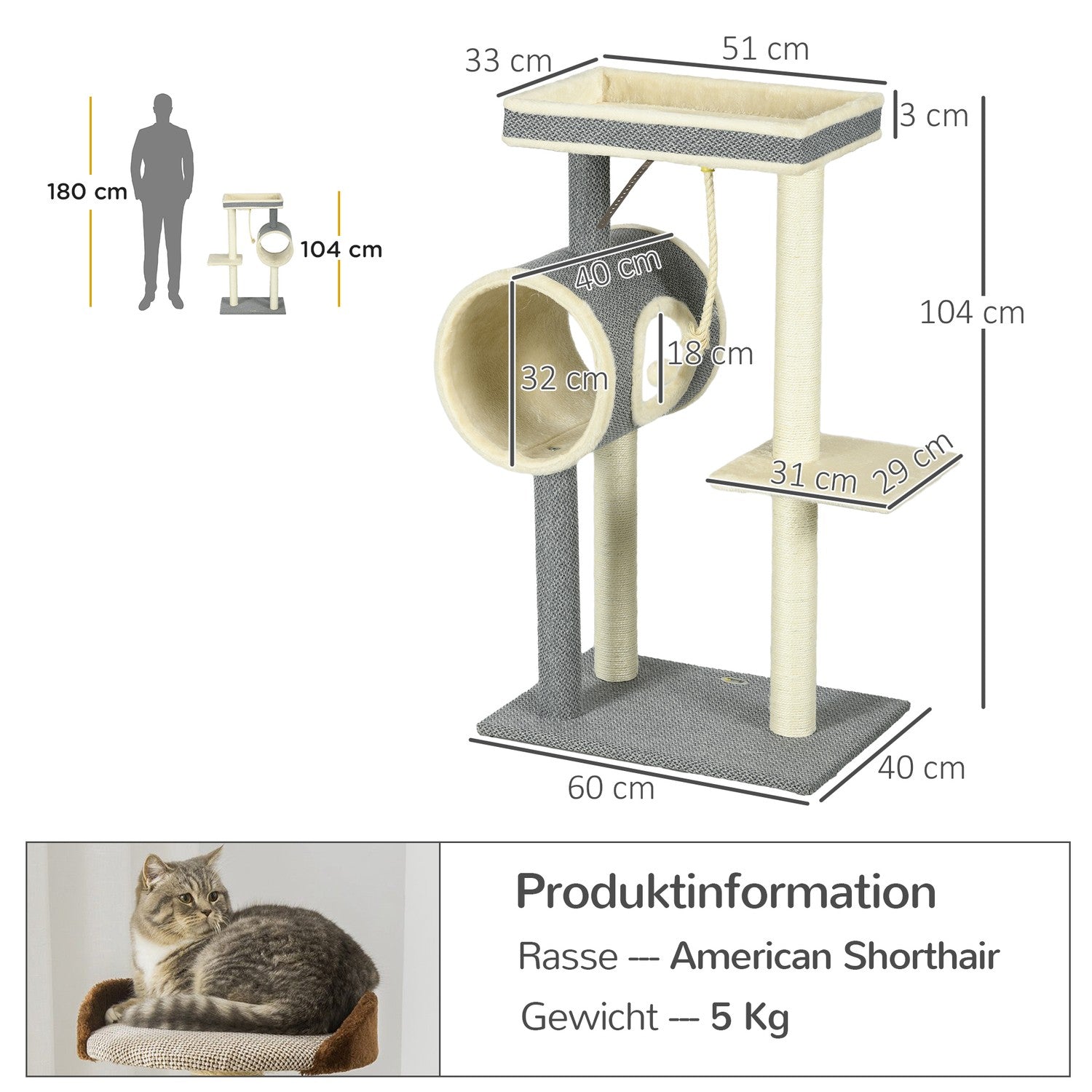 Kattträd med sisal skrapstolpe, lekboll och sängar, grå