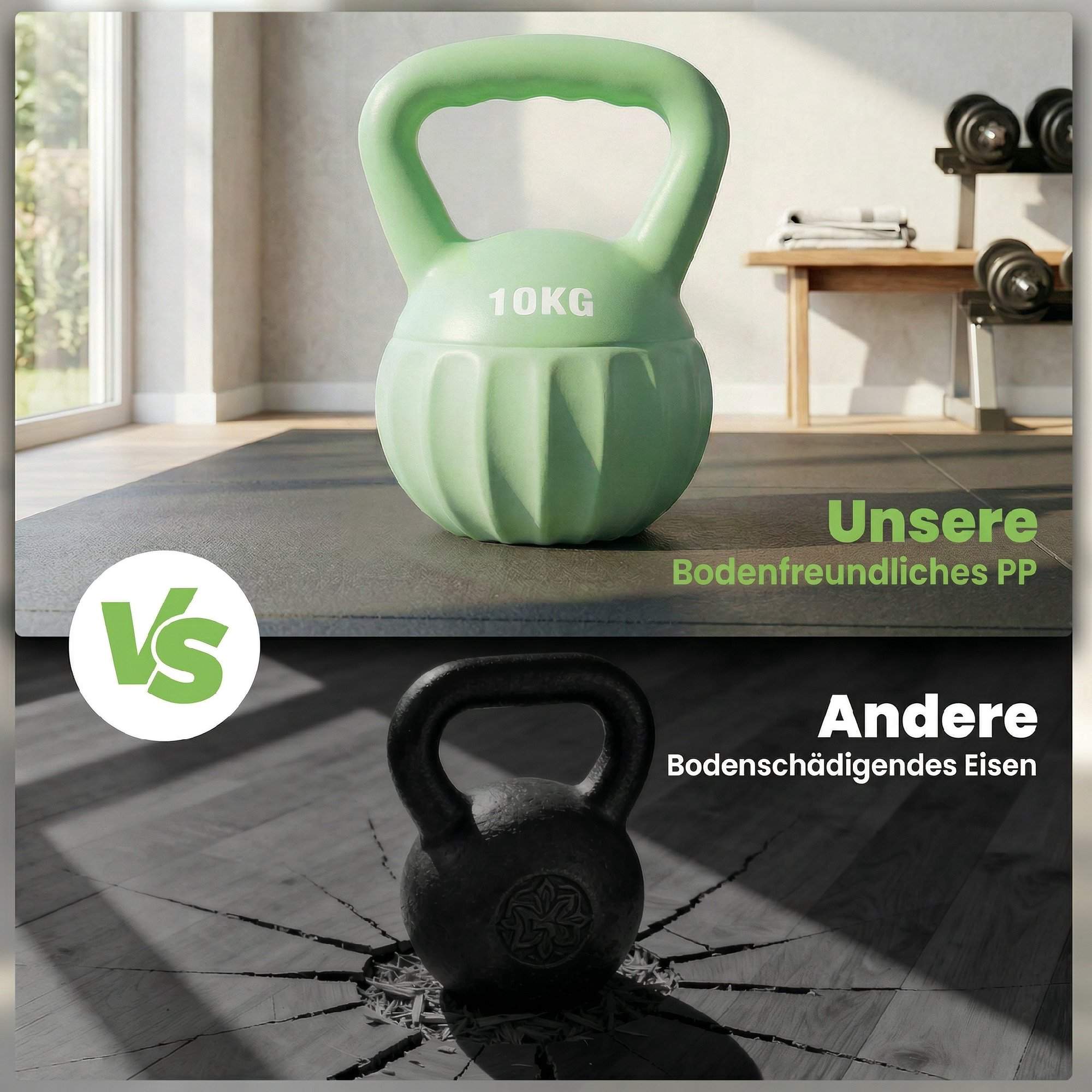 Kettlebell 10kg sandfylld, halkfritt grepp, grön