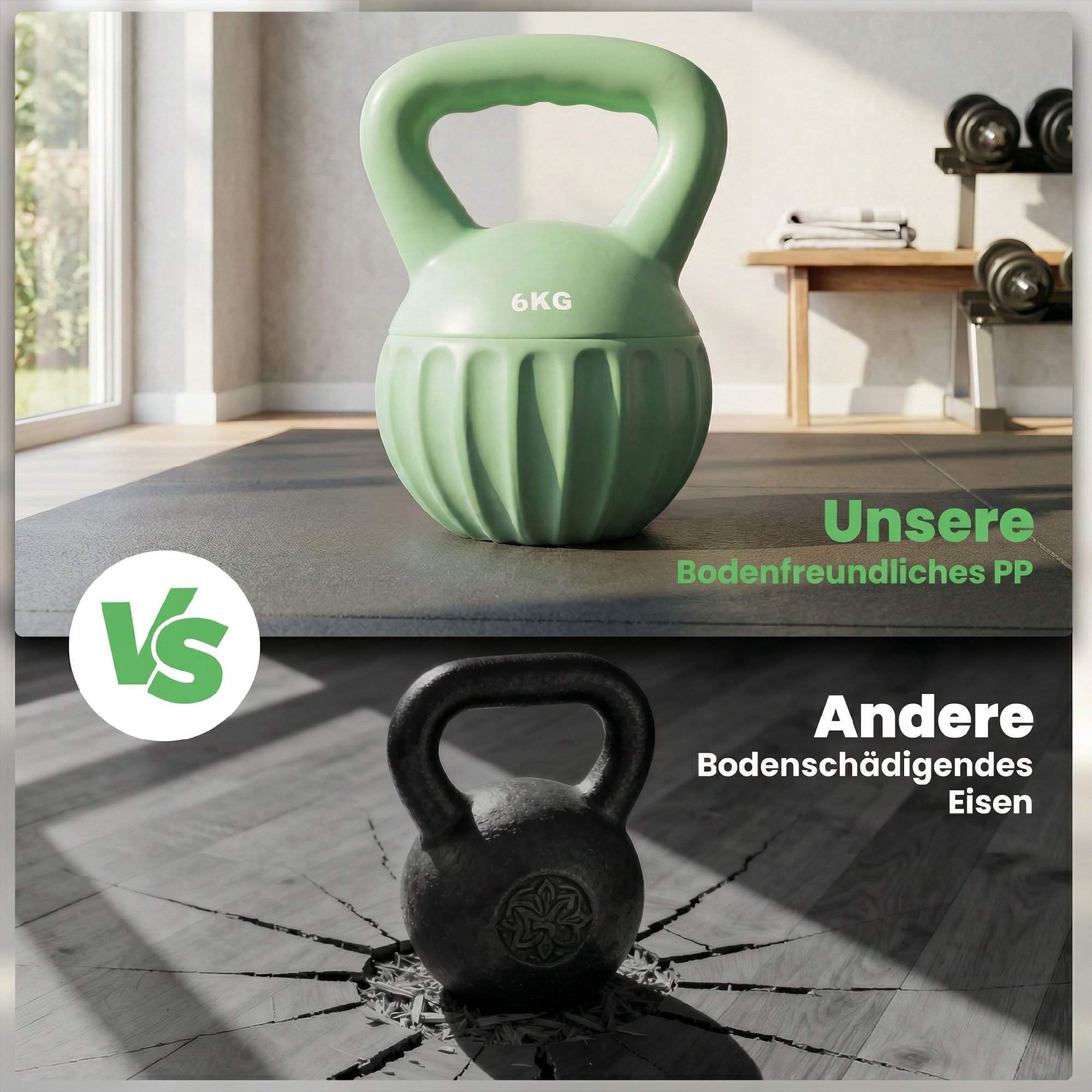 Kettlebell 6kg sandfylld, halkfritt grepp, grön