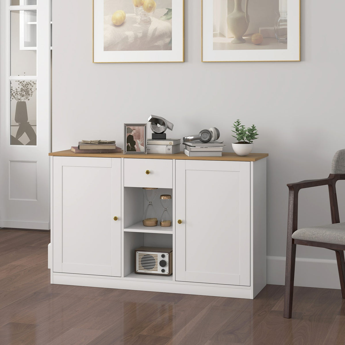 Keukenbureau, dressoir met lade, kast, planken, spaanplaat, wit