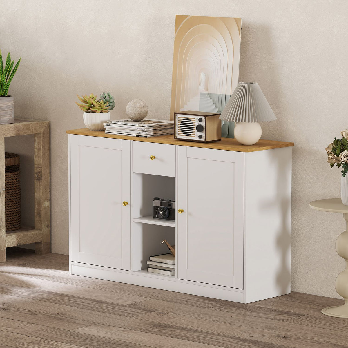Keukenbureau, dressoir met lade, kast, planken, spaanplaat, wit
