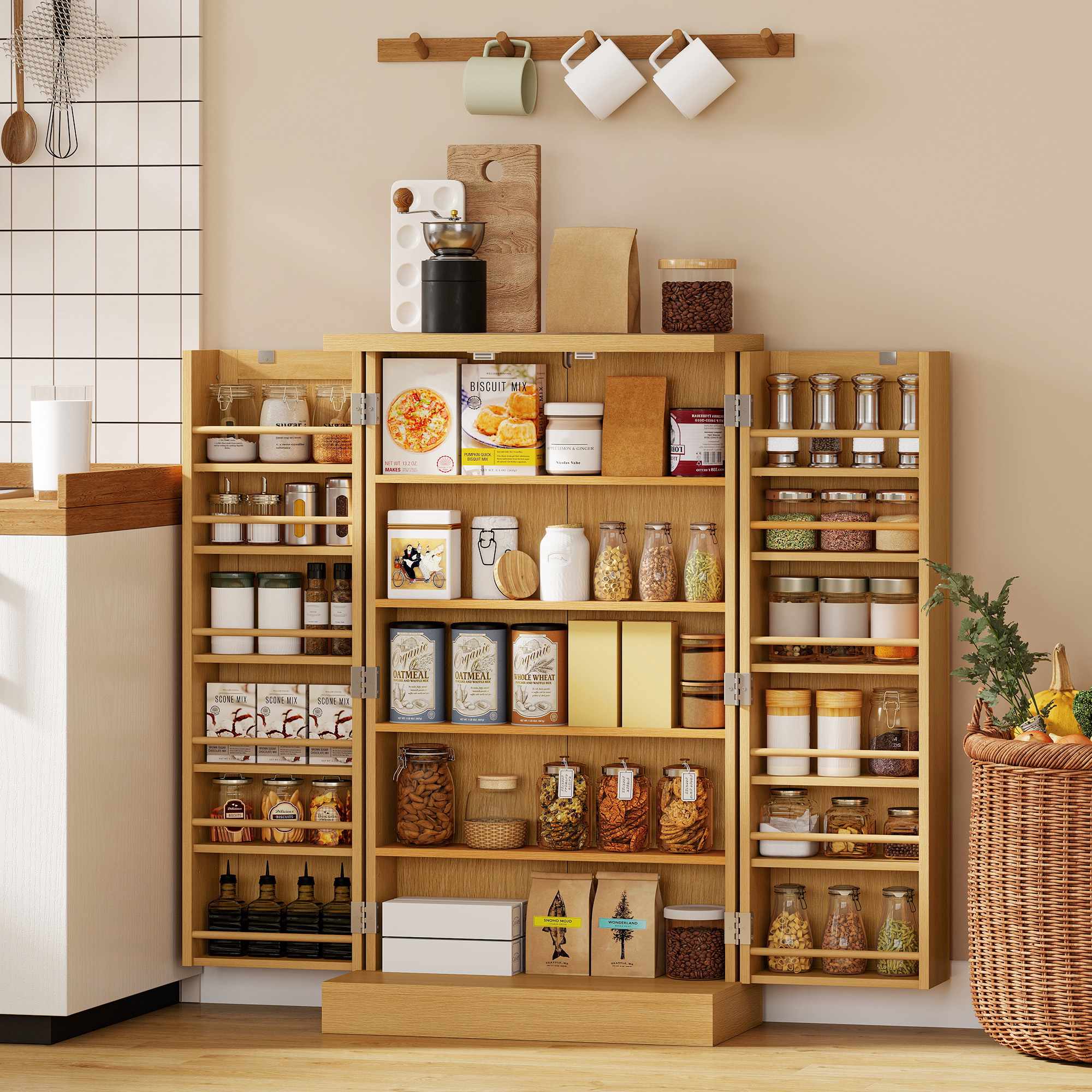 Köksskafferiskåp, rotting, 104 cm, 12 kryddhyllor