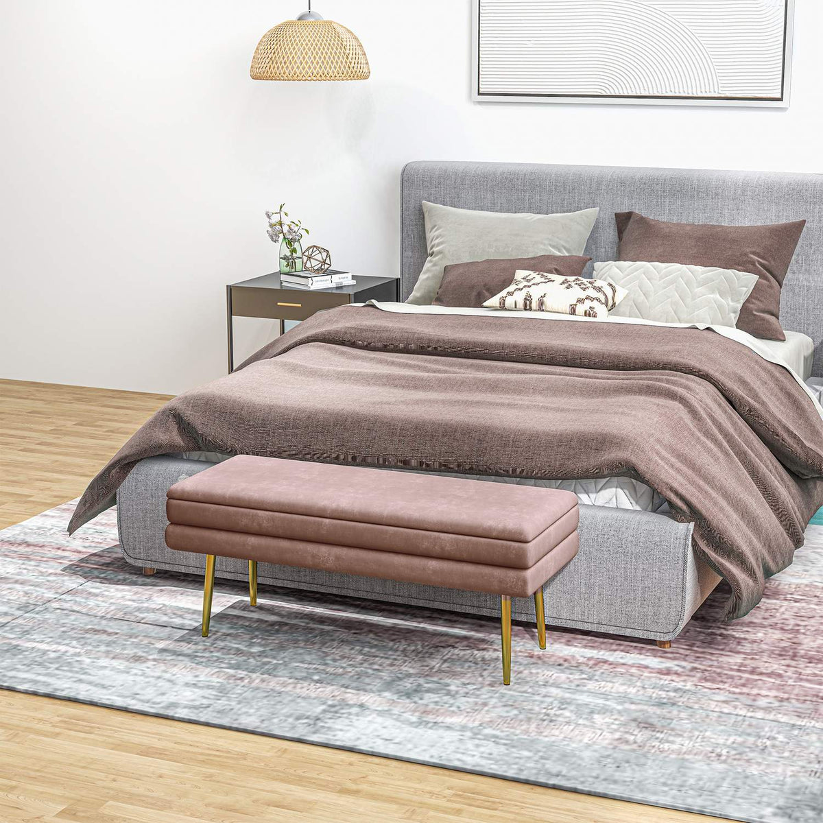 Gestoffeerde bank met opbergruimte, staal, 100 x 37,5 x 42 cm, roze