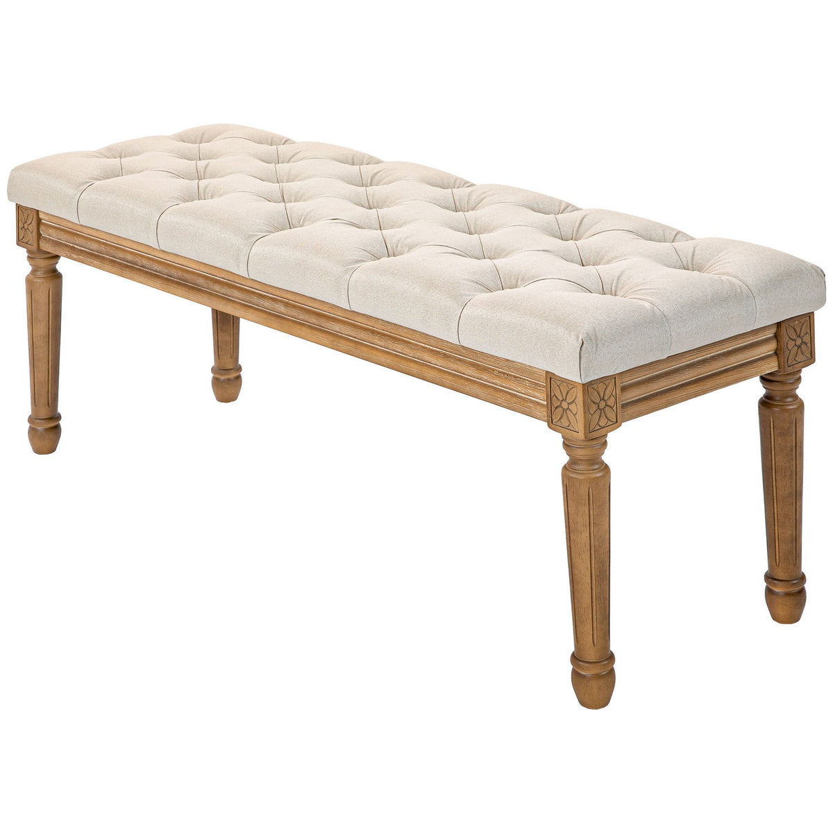 Gestoffeerde bank met houten poten, 120x41x48 cm, crème