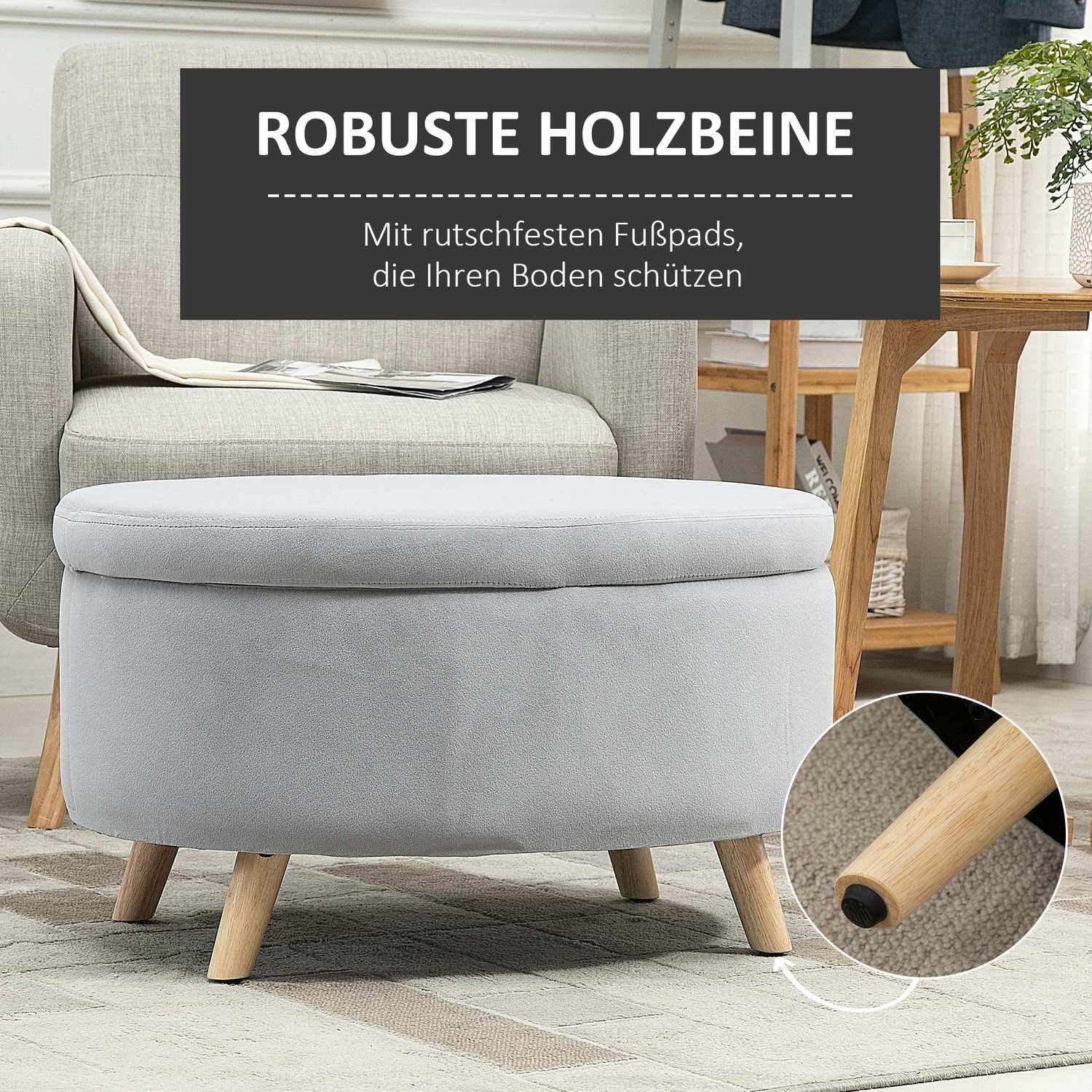 Gestoffeerde opbergbank, ovale vorm, lichtgrijs