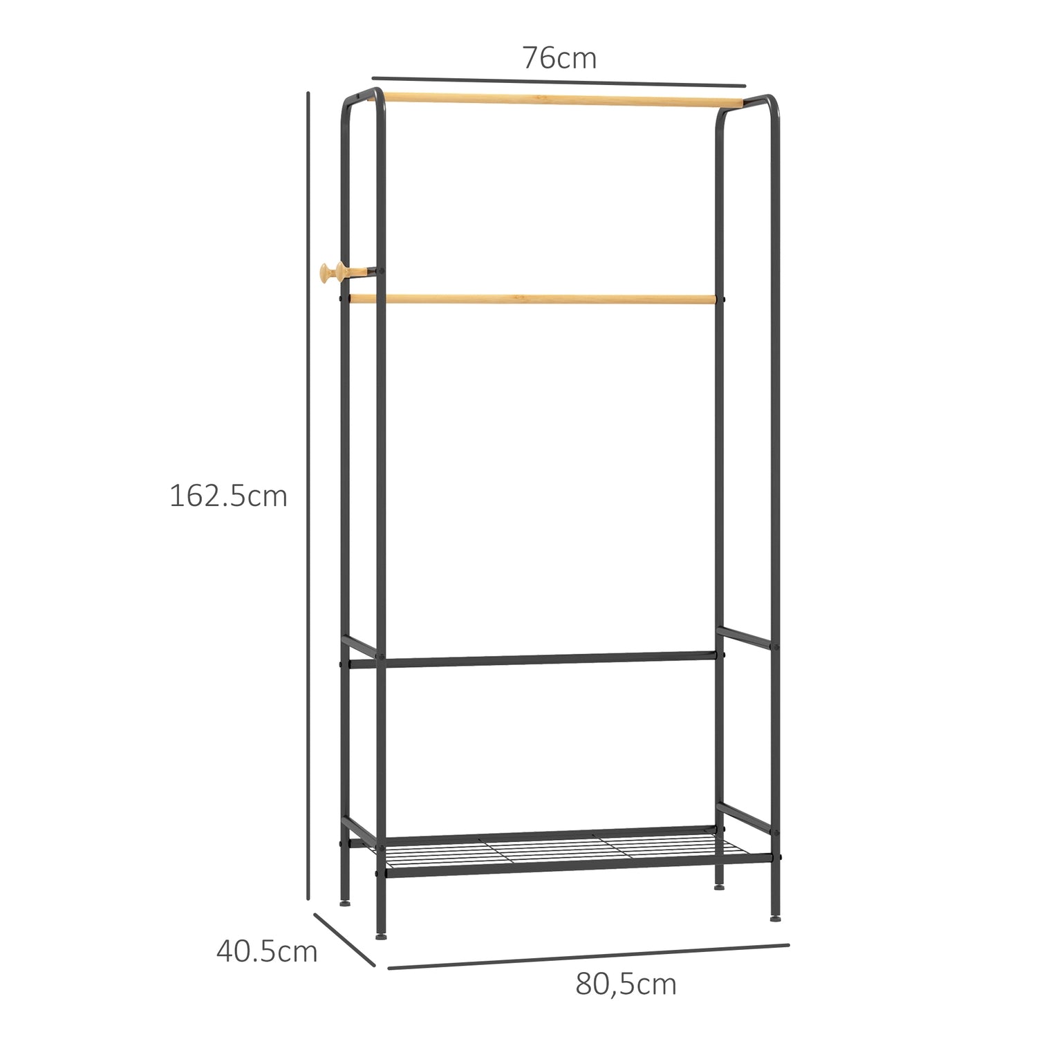 Kledingrek van zwart bamboe, 2 roedes en haken, hal in de slaapkamer