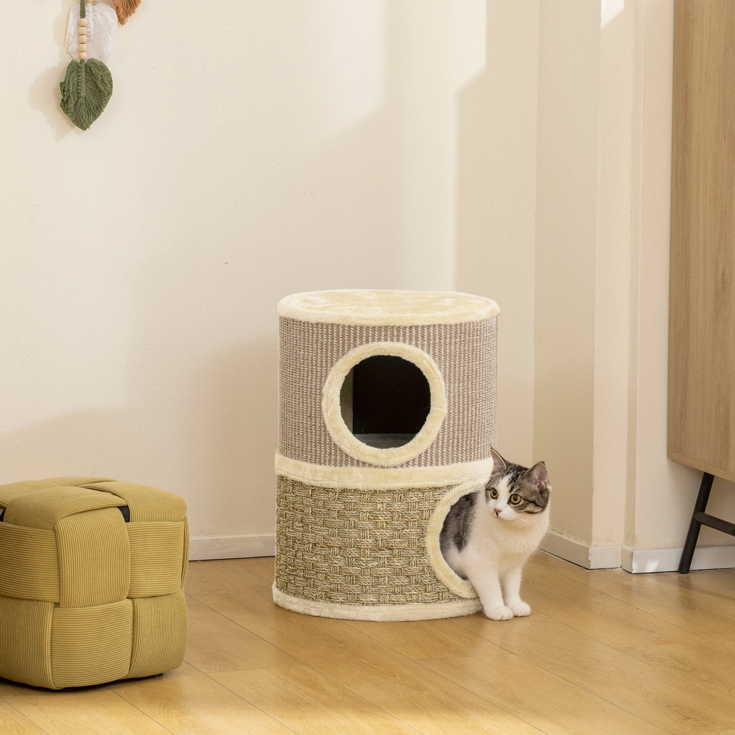 Klöstorn för katt, 49 cm, 2 nivåer, plyschkant, kaki