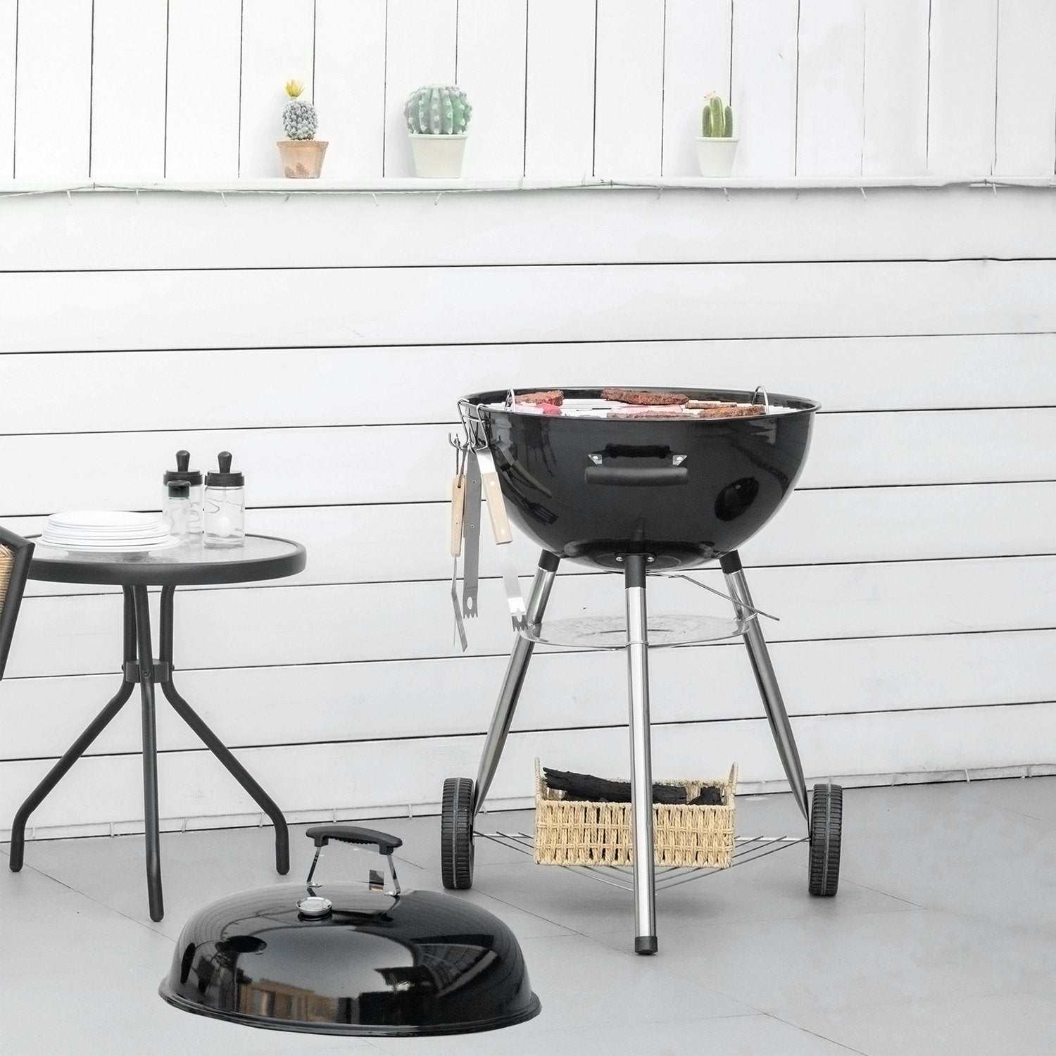 Houtskoolbarbecue met deksel, thermometer & rek - 65x65x108cm