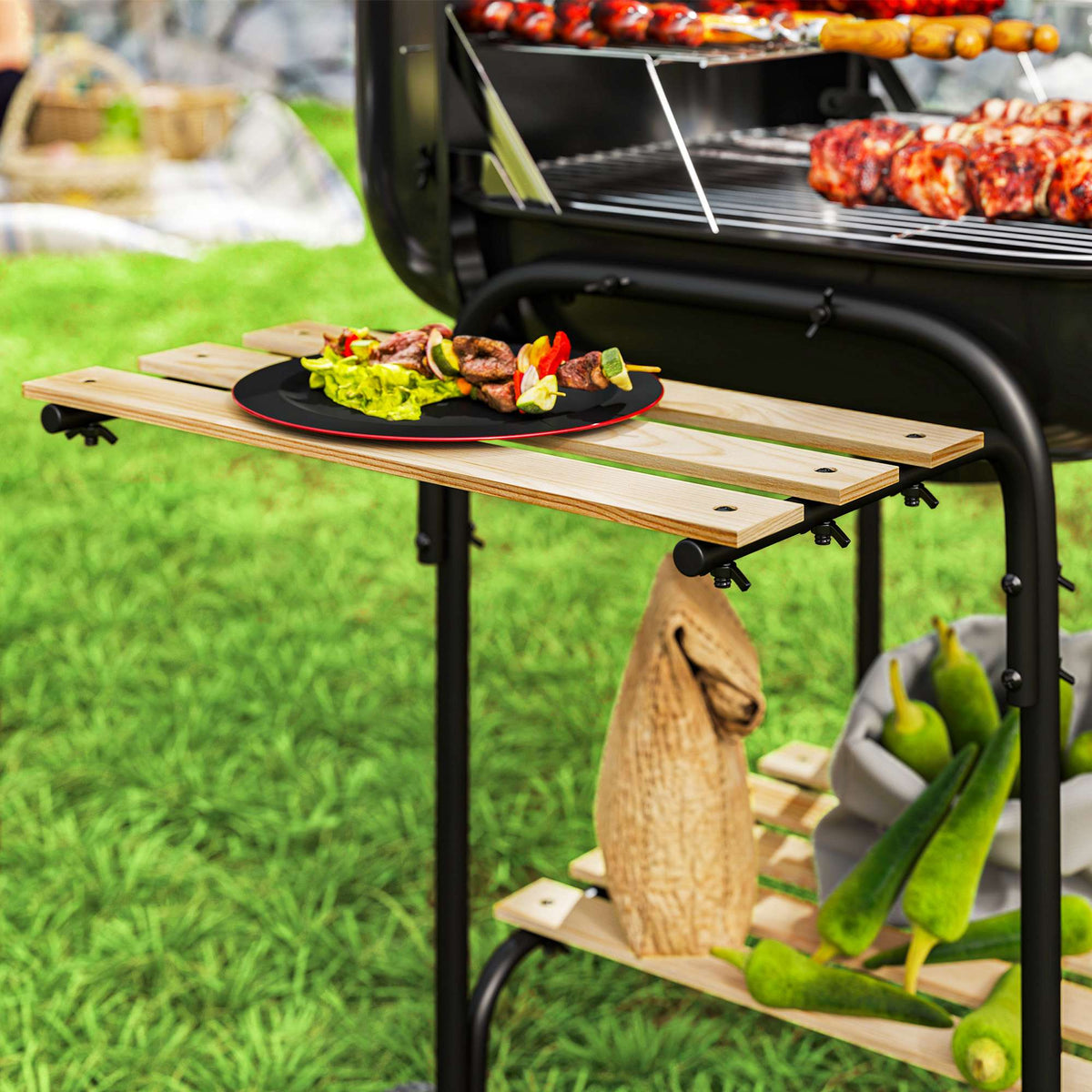 Houtskoolbarbecue met vergrendelbaar deksel, stalen frame, kookoppervlak van 1840 cm²