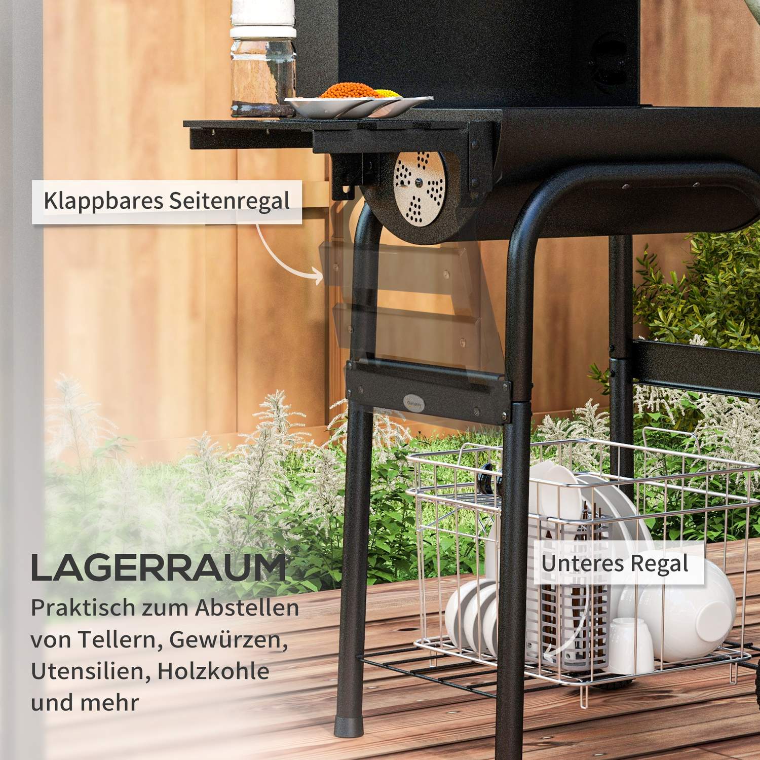 Houtskoolbarbecuekar, roestvrij staal, deksel en wielen