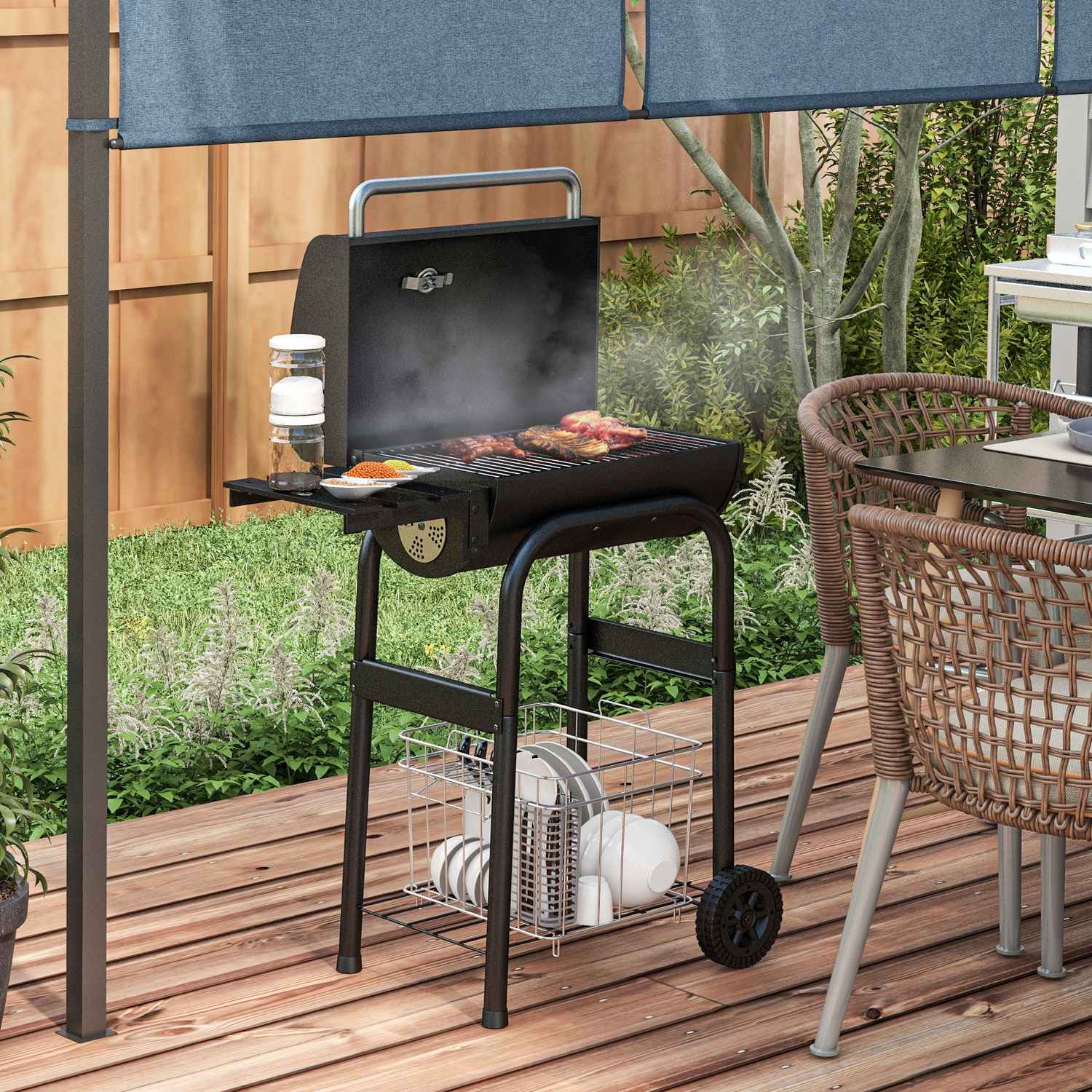 Houtskoolbarbecuekar, roestvrij staal, deksel en wielen