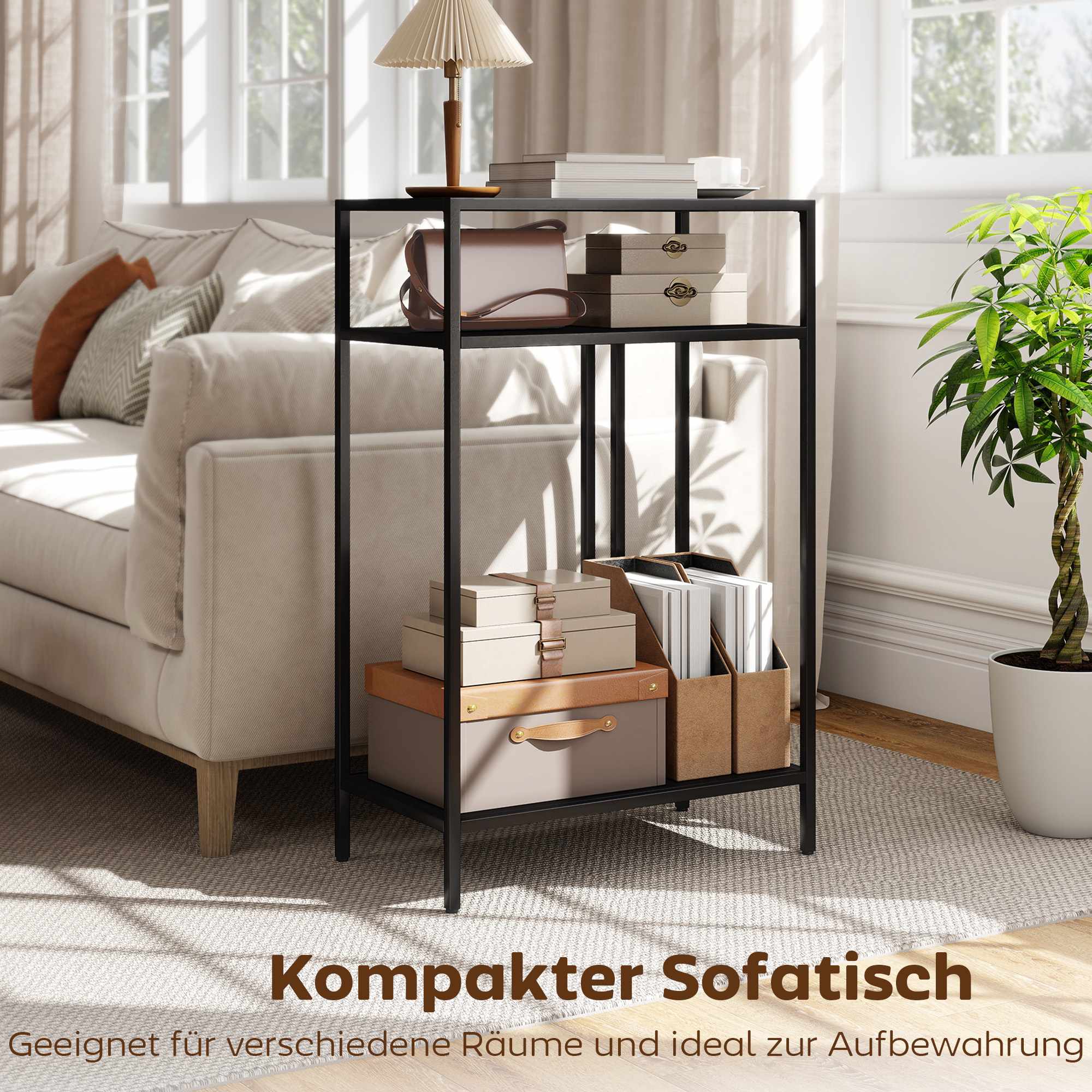 Konsolbord med 3 hyllor, metallram, svart, 55 cm