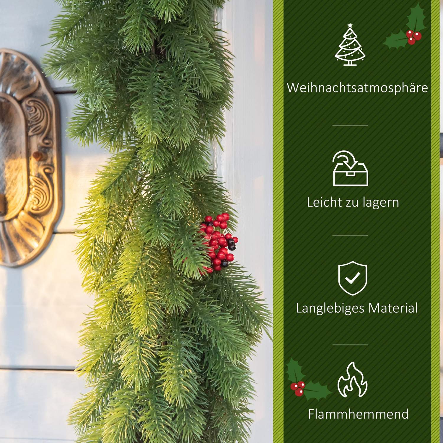 Kunstmatige kerstslinger met dennenappels en bessen, 1,9M