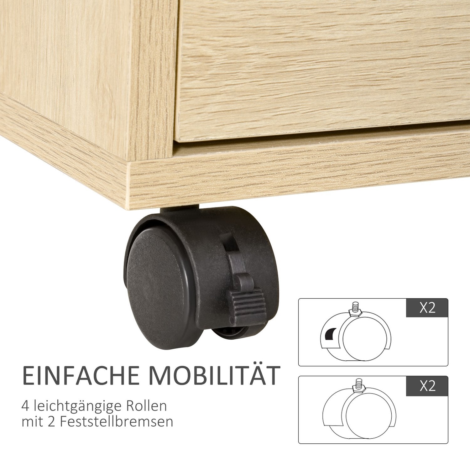Verrijdbaar archiefkastje, 4 laden, natuurlijke afwerking