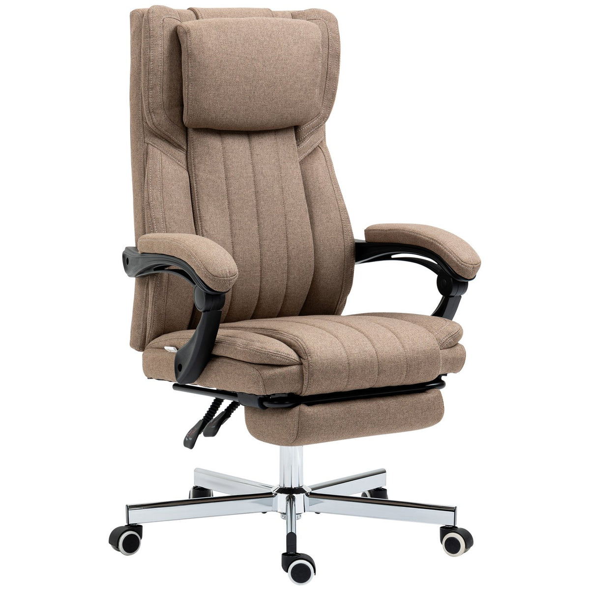 Bureaustoel met massagefunctie, verstelbare rugleuning, uitschuifbare voetensteun, linnenlook, 65 x 61 x 113 cm, bruin