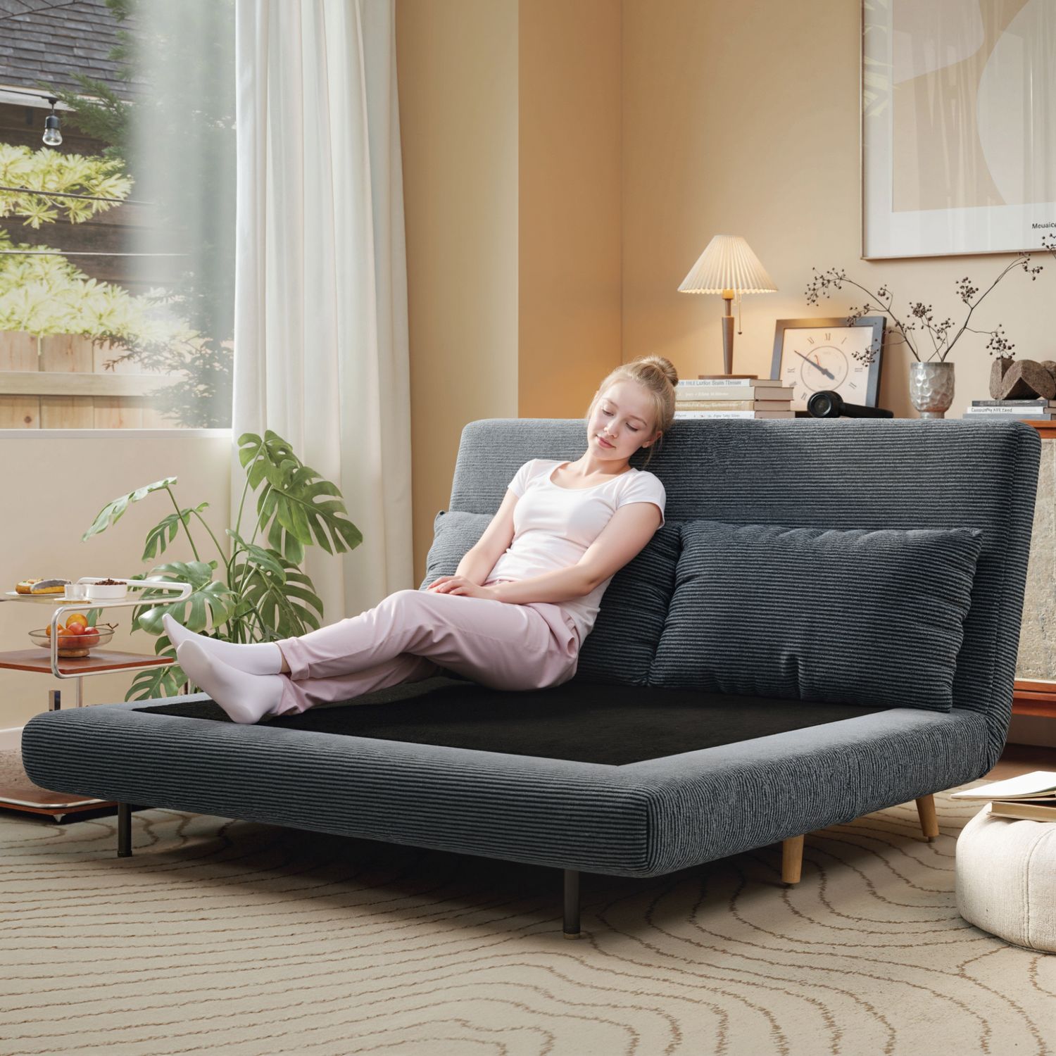 Konvertibel bäddsoffa, justerbart ryggstöd, mörkgrå, 141x90x81 cm