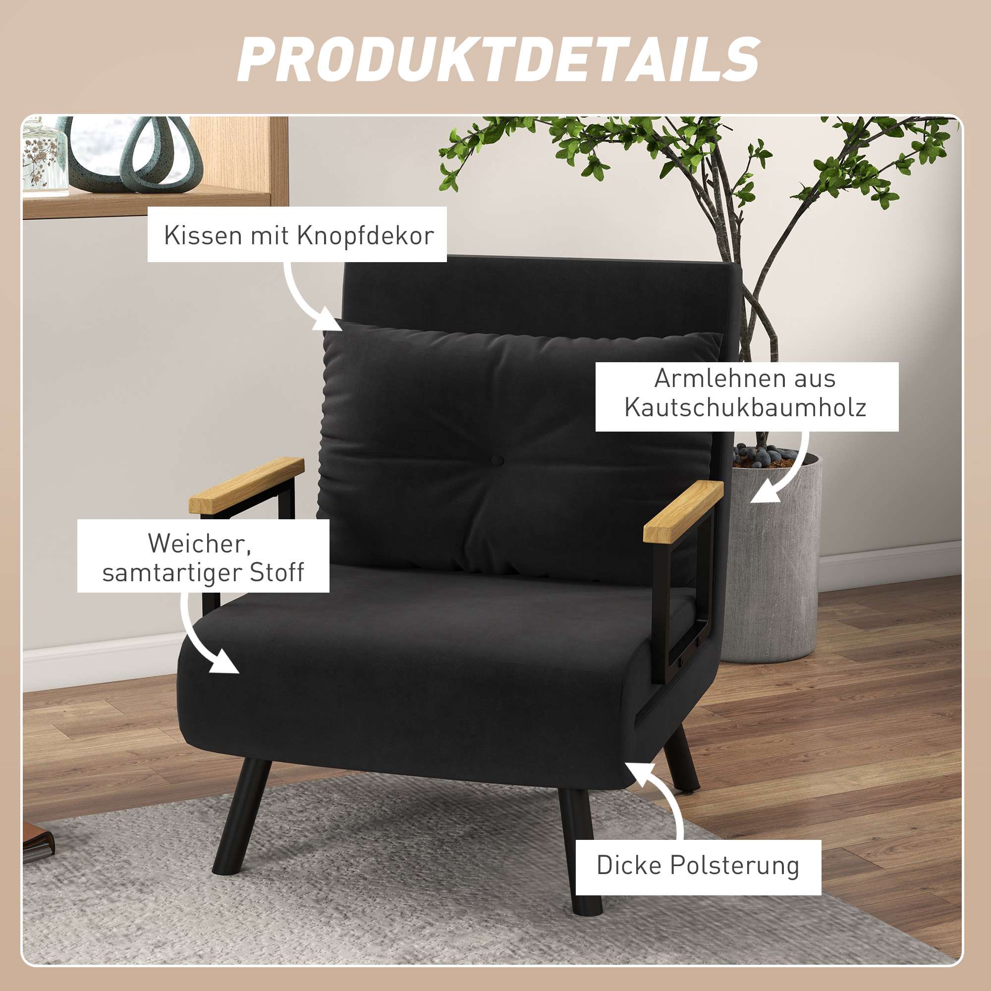 Konvertibel fåtölj med dyna, svart sammet