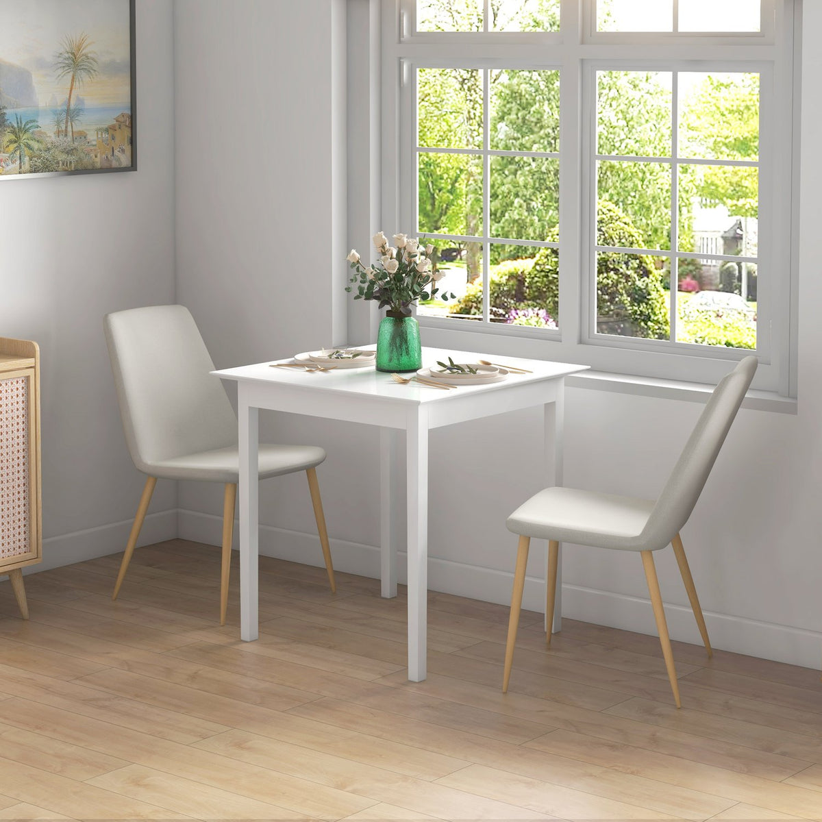 Vierkante witte houten eettafel voor 2 personen, 75x75x76 cm