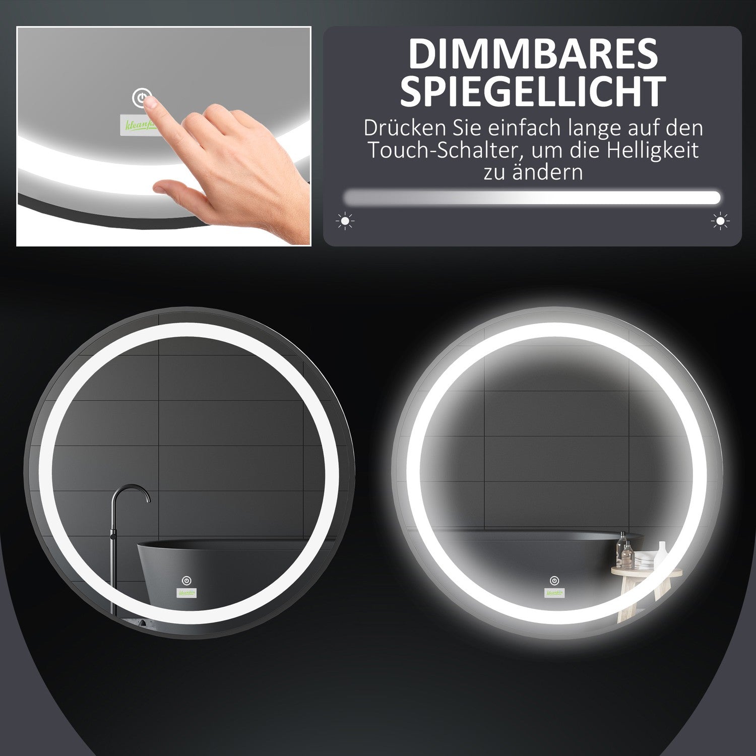 LED badkamerspiegel – 60 cm, Touch & Memory, Zwart, IP44-classificatie