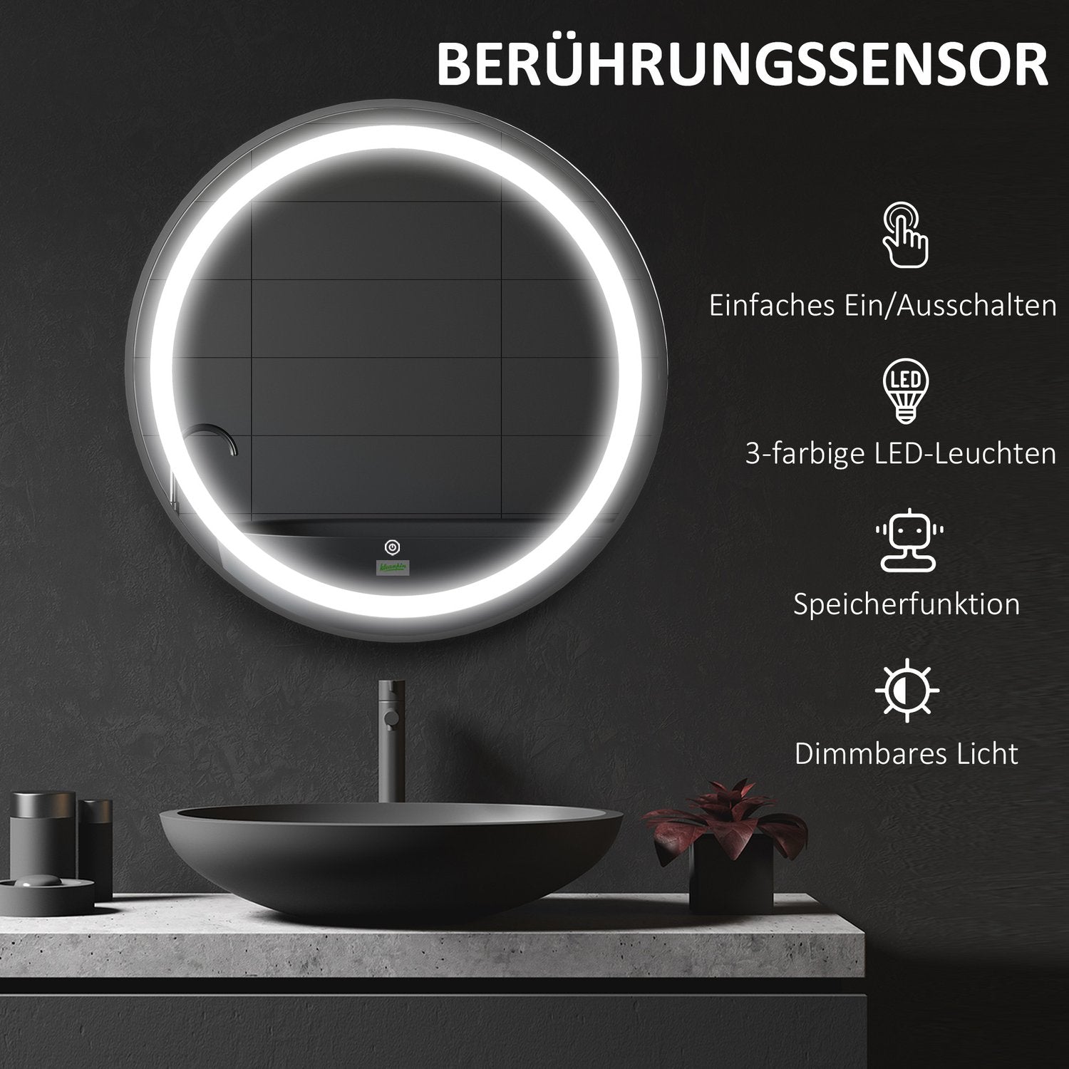 LED badkamerspiegel – 60 cm, Touch & Memory, Zwart, IP44-classificatie