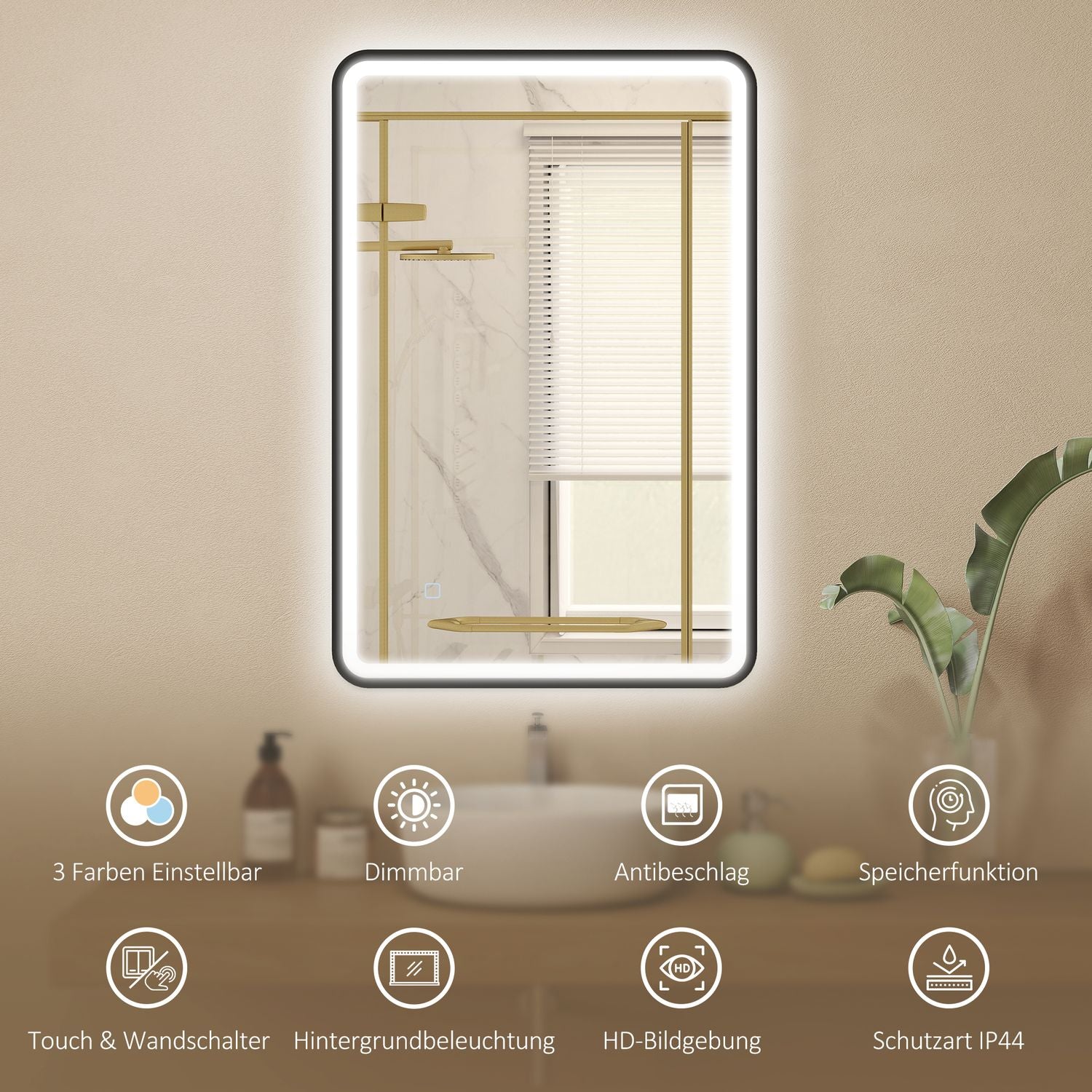 LED-badrumsspegel, 90x60 cm, dimbar, 3 färger, svart
