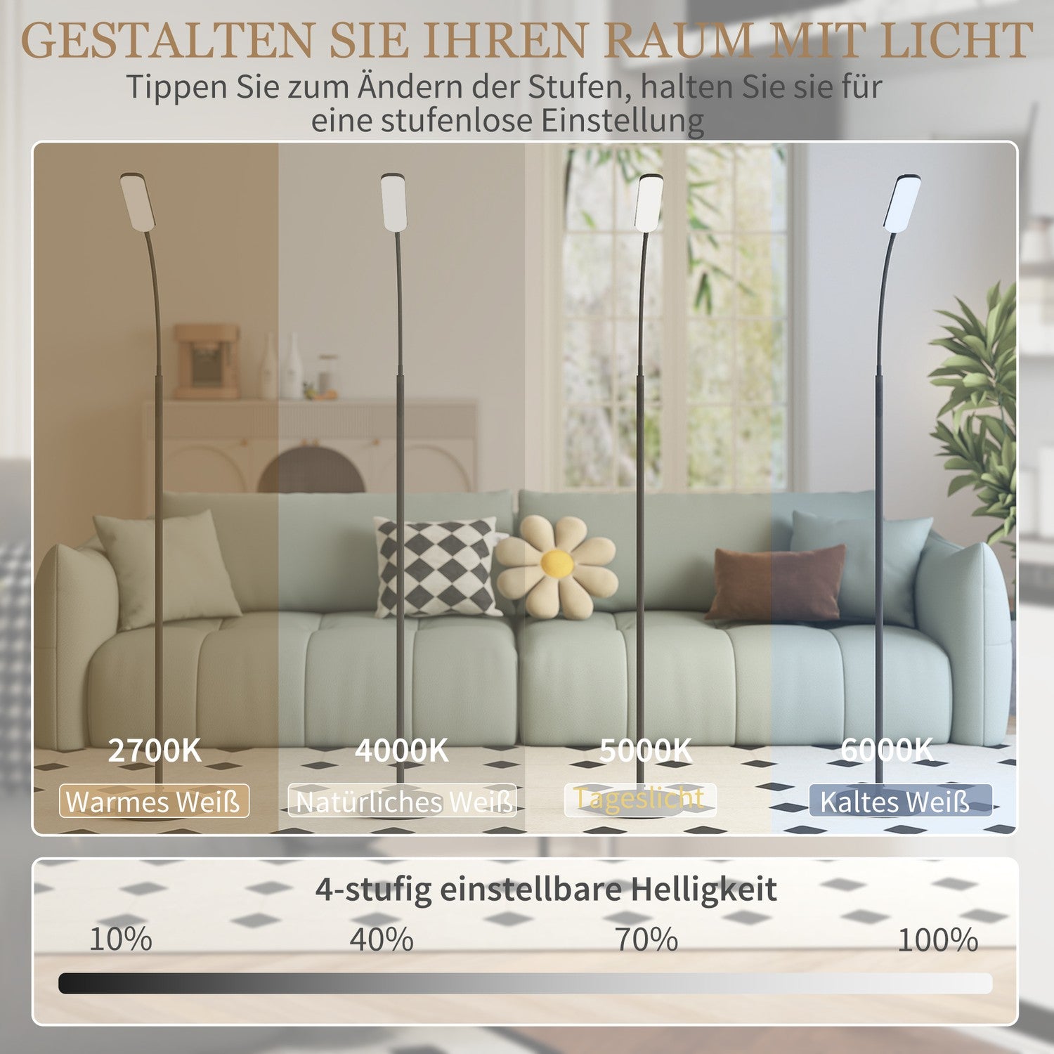 LED-golvlampa, 5 lägen, minnesfunktion, justerbar ljusstyrka, stål, svart