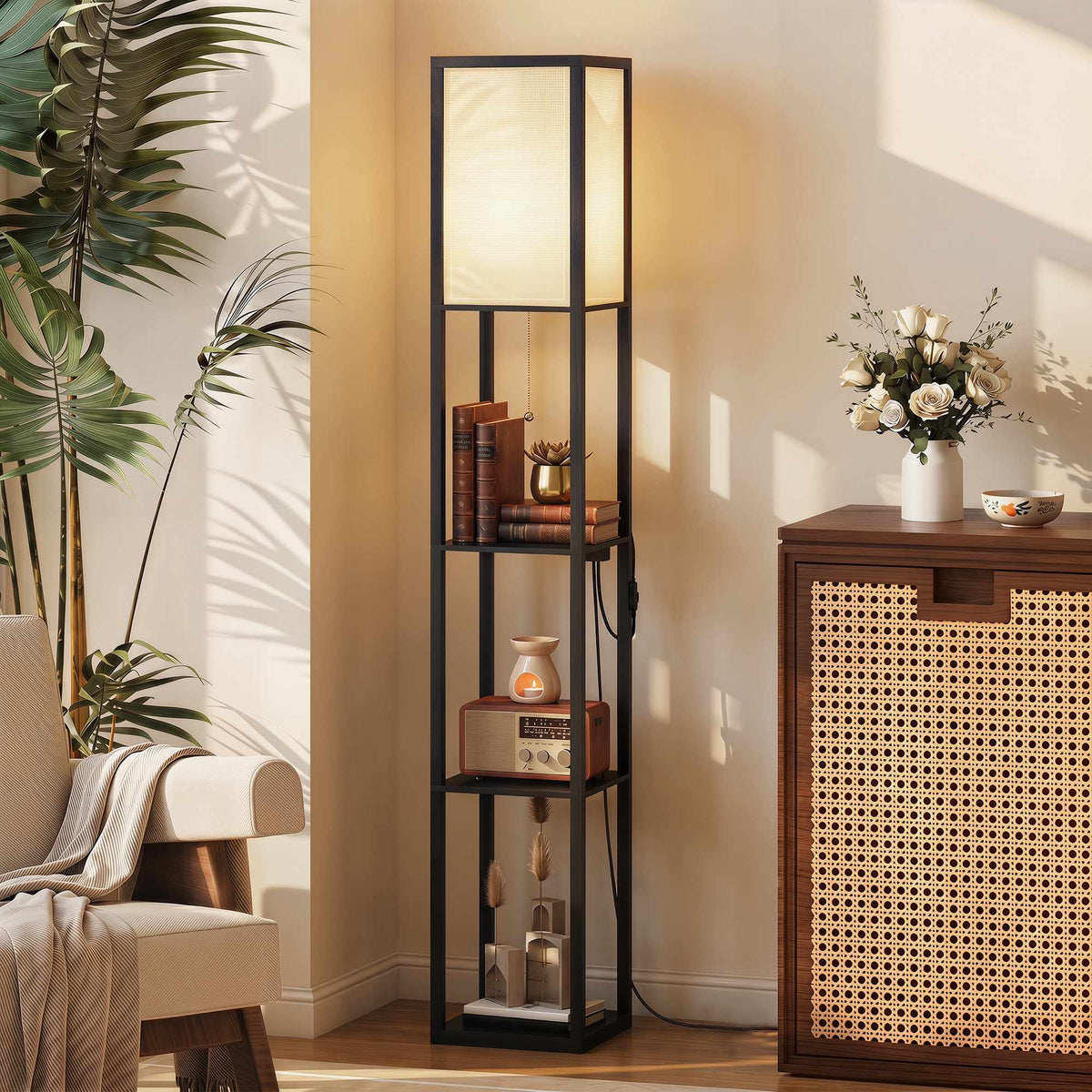 LED-vloerlamp met 3 planken, dimbaar, USB, stopcontact, zwart
