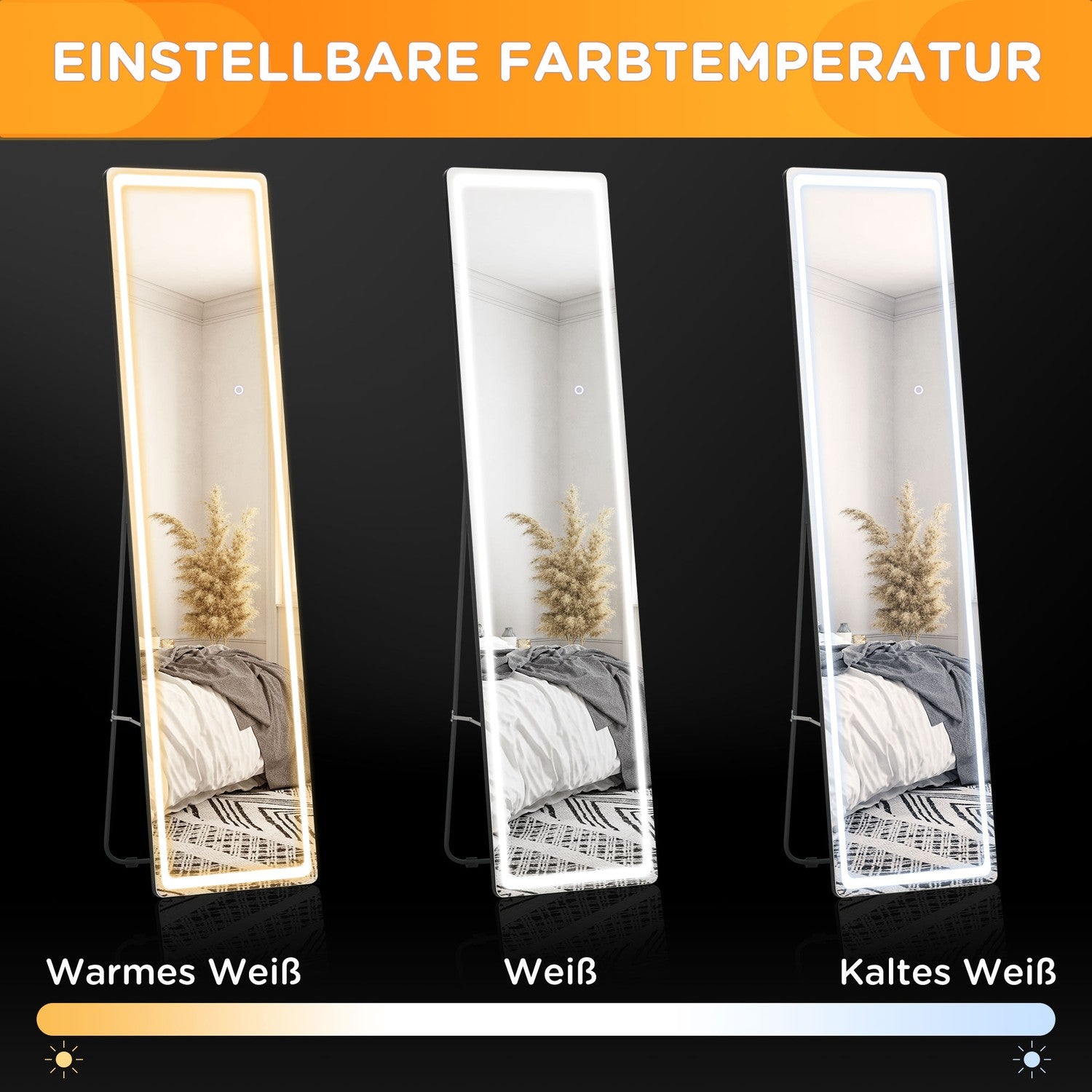 LED-staande spiegel van volledig formaat, make-up en wandmontage, zilver/zwart