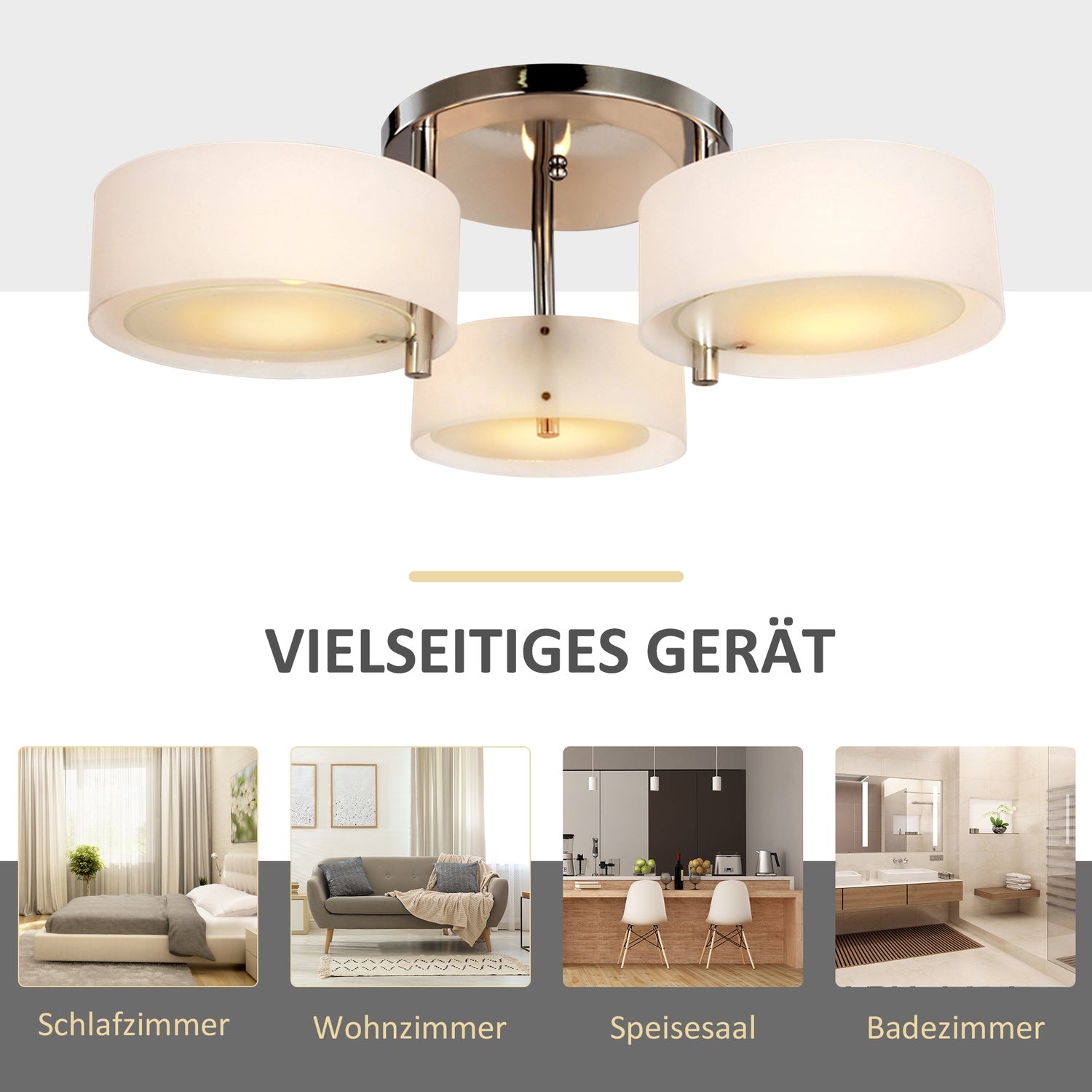 LED-plafondlamp, 3-lichts, E27 40W, warmwit, Ø64cm