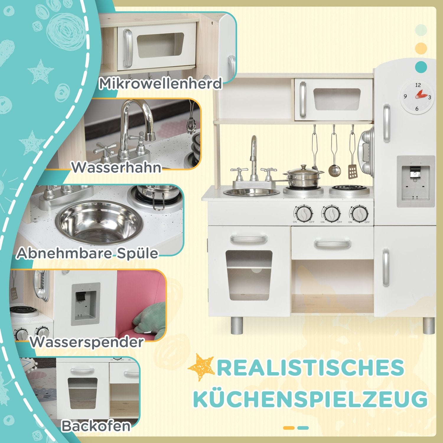 Speelgoedkeuken met accessoires, Grenenhout & MDF, 3 jaar+, Wit