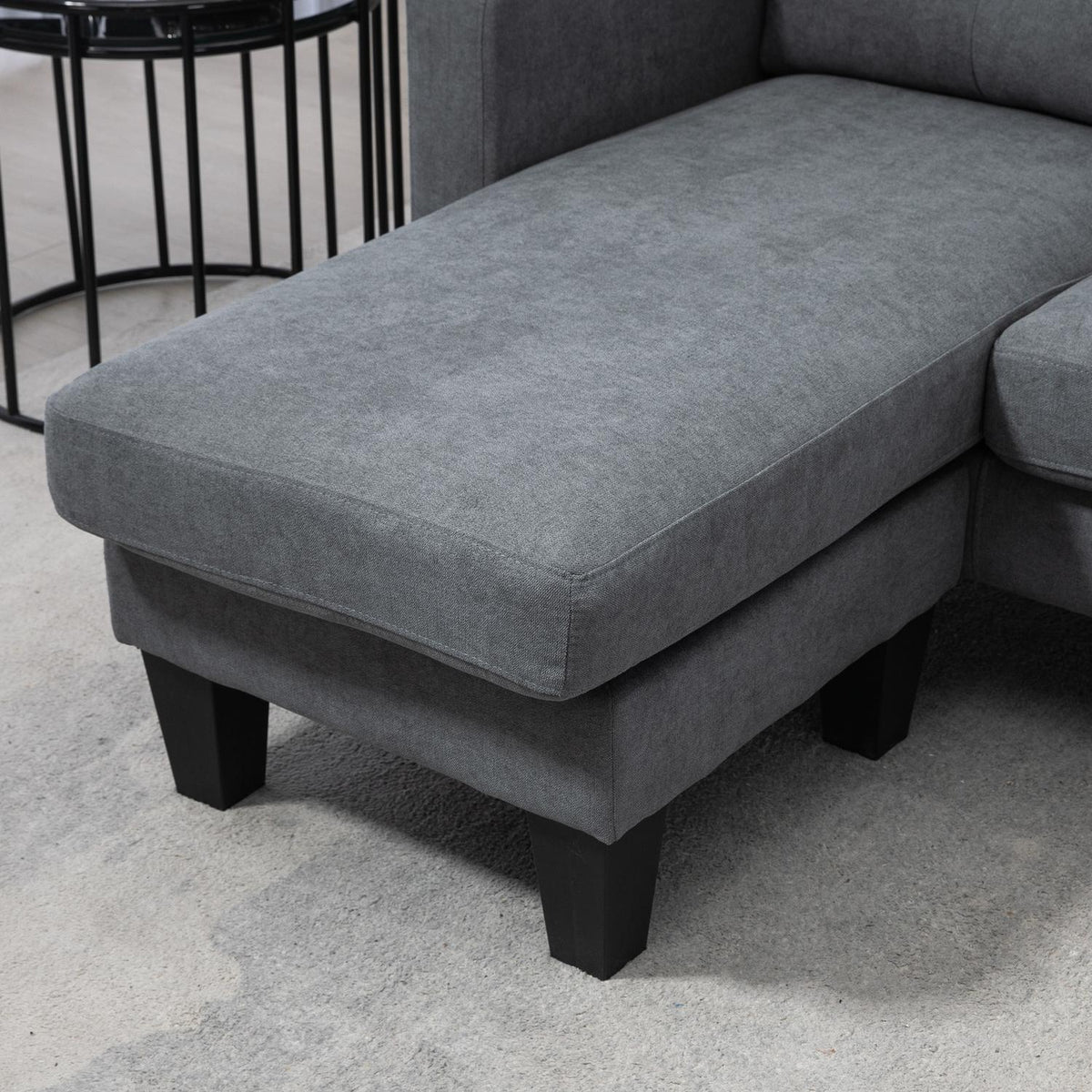 L-vormige hoekbank met chaise longue die aan beide zijden kan worden bevestigd, gestoffeerde bank, donkergrijs