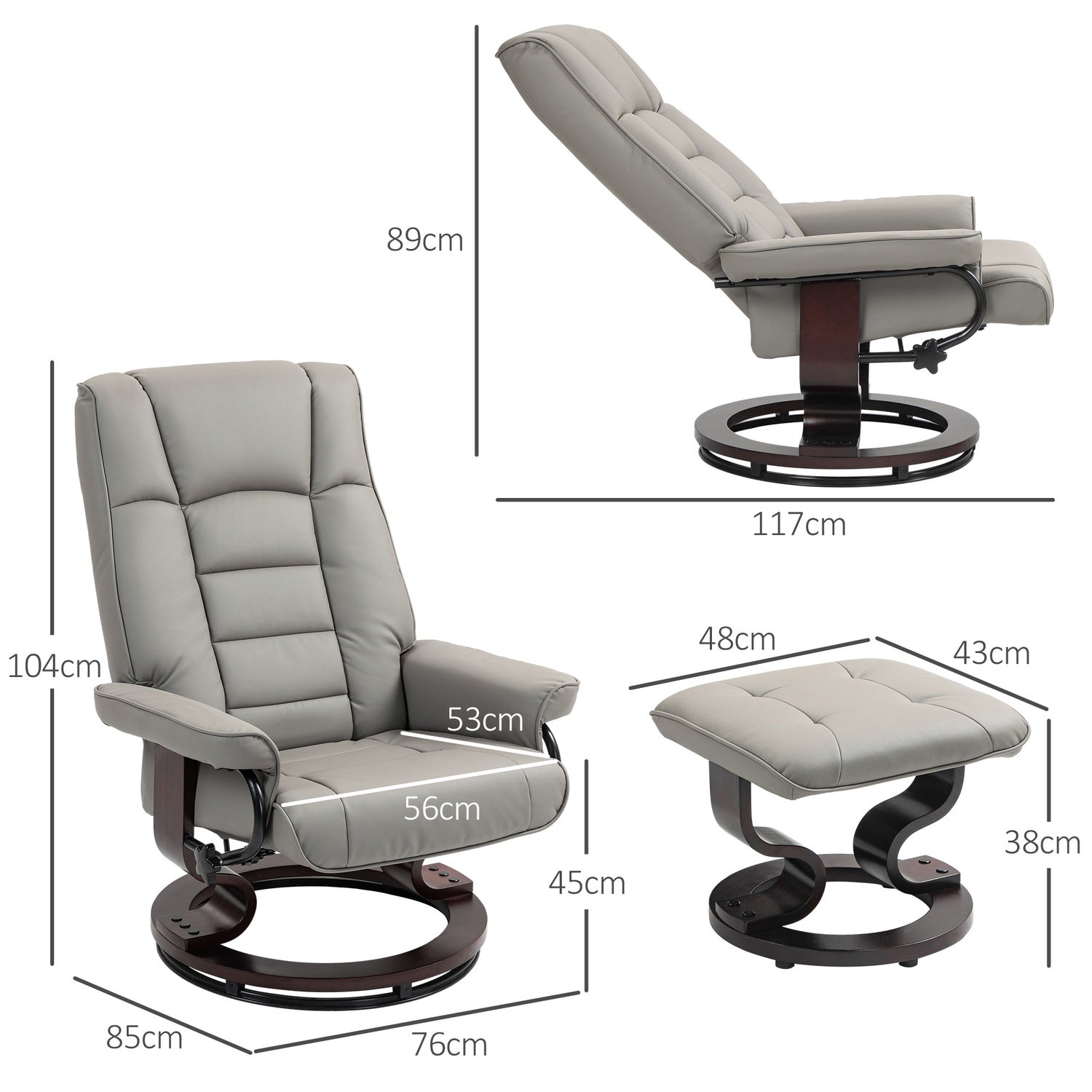 Liegender Relaxsessel mit Hocker, Kunstleder, grau