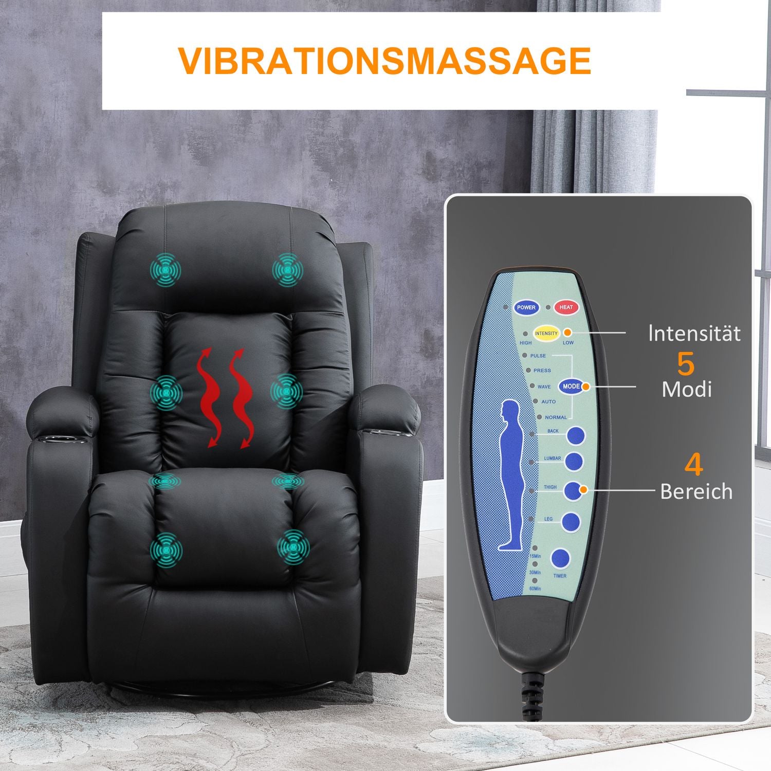 Ligstoel massagestoel met warmte, afstandsbediening en bekerhouder – Zwart