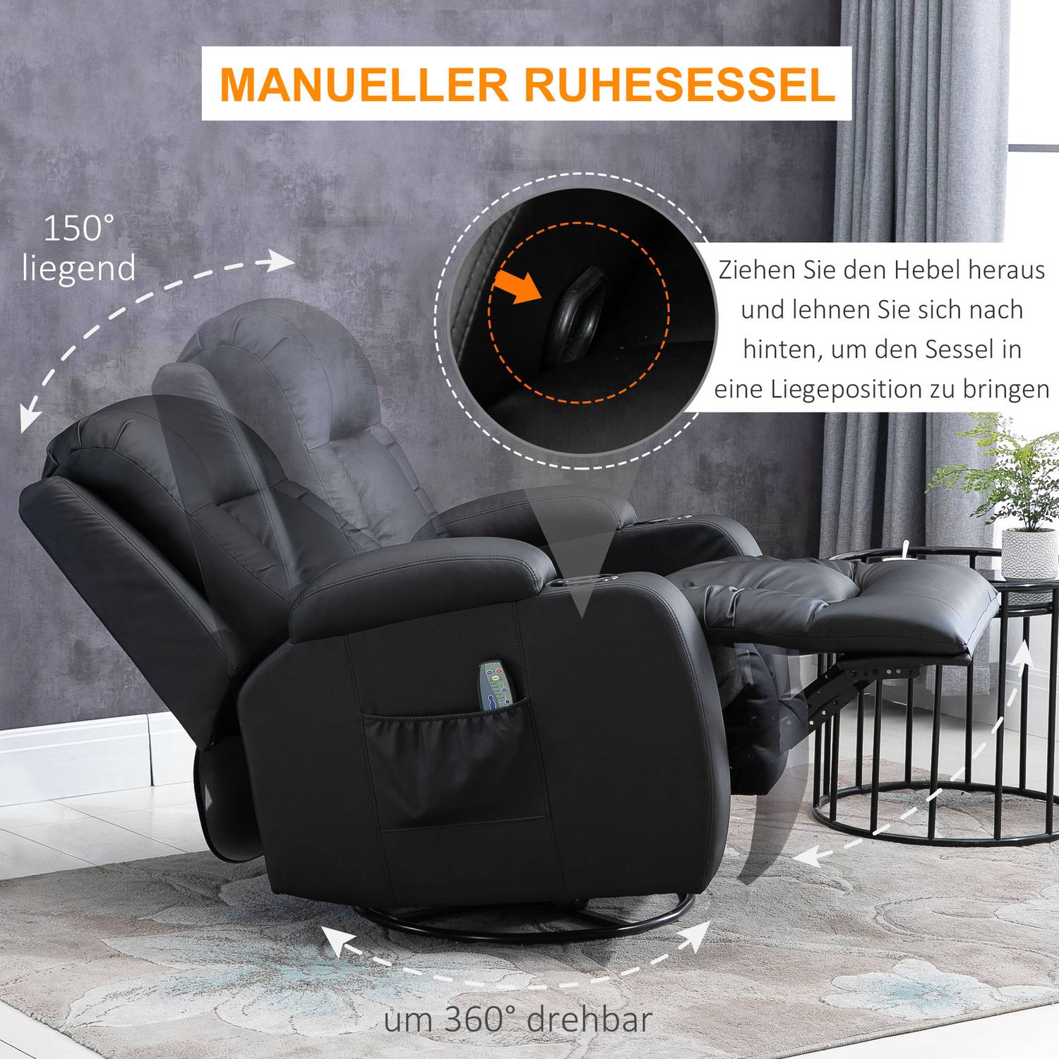 Ligstoel massagestoel met warmte, afstandsbediening en bekerhouder – Zwart