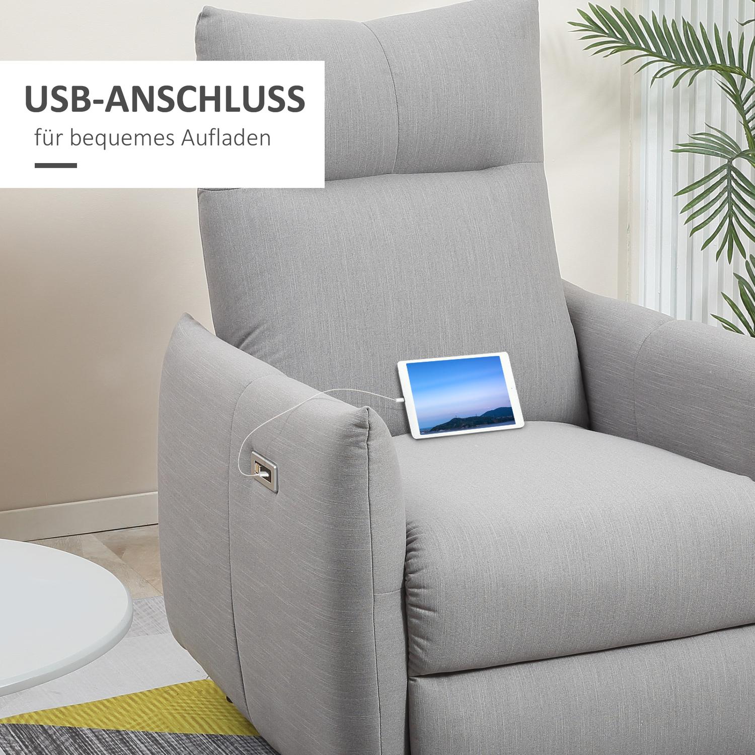 Ligstoel met USB, 140° kantelbaar, polyester, grijs