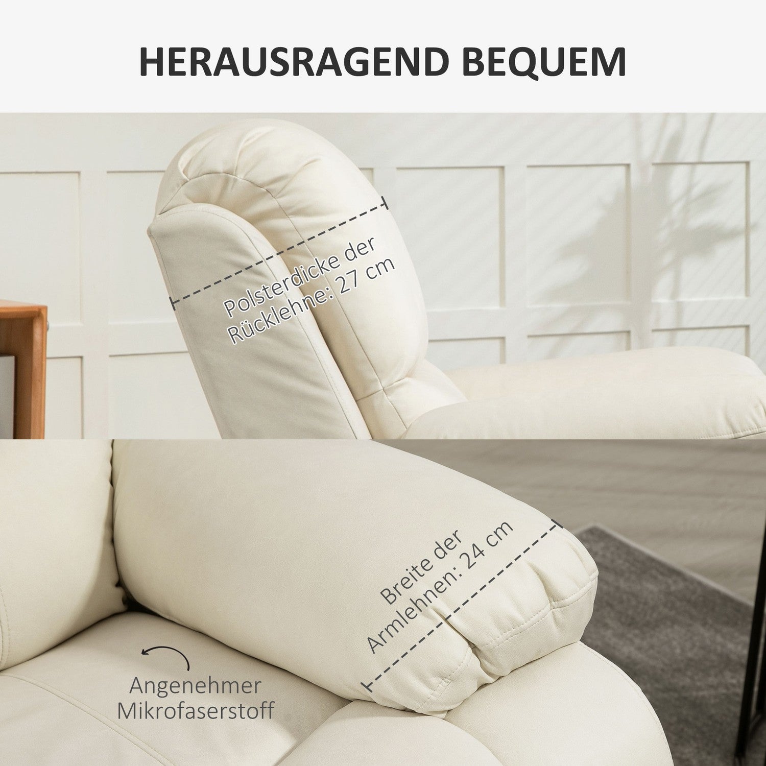 Ligstoel met voetenbank & draaibaar, crèmekleurige bekleding