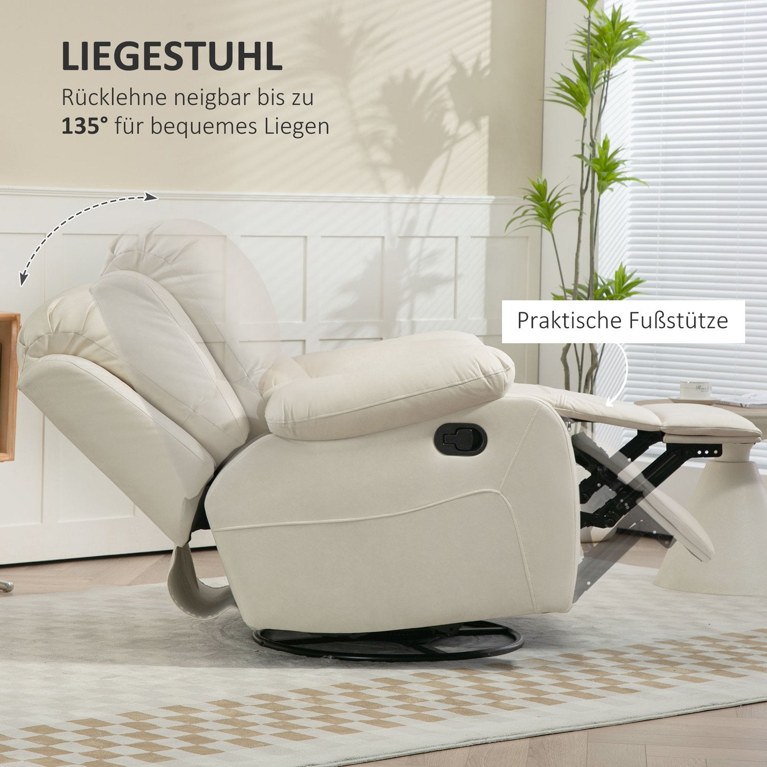 Ligstoel met voetenbank & draaibaar, crèmekleurige bekleding