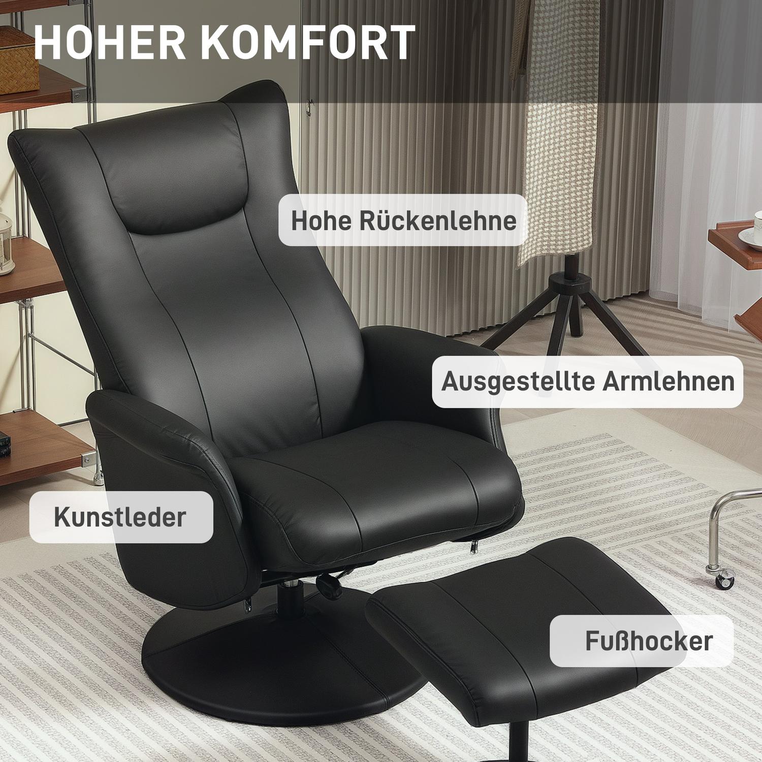 Liegestuhl mit Hocker & verstellbarer Rückenlehne, schwarzes Kunstleder