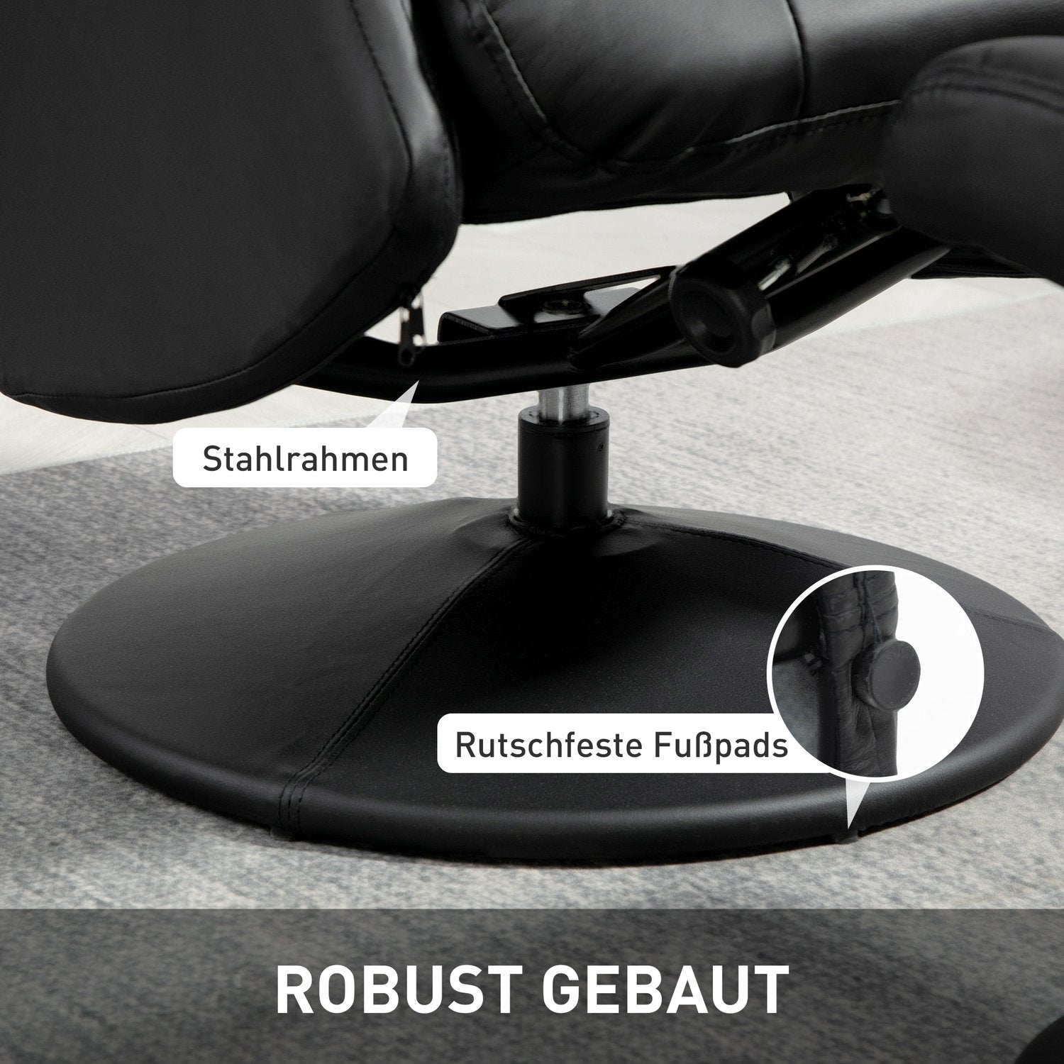 Liegestuhl mit Hocker & verstellbarer Rückenlehne, schwarzes Kunstleder