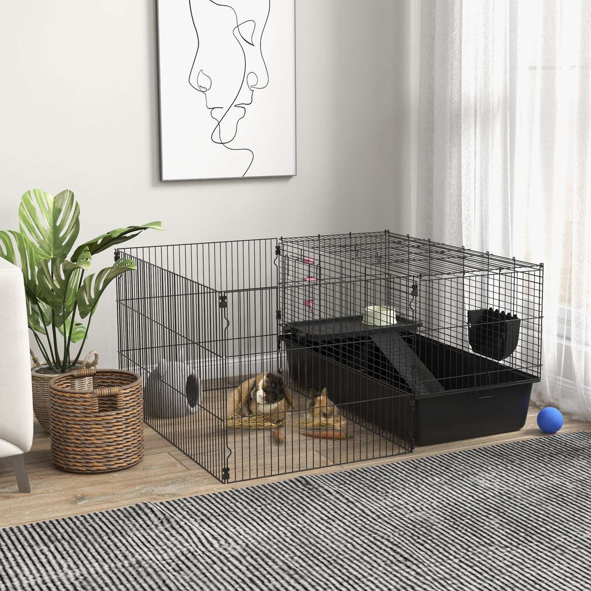 Kleine dierenkooi – staal, zwart, inclusief waterfles en voerbak